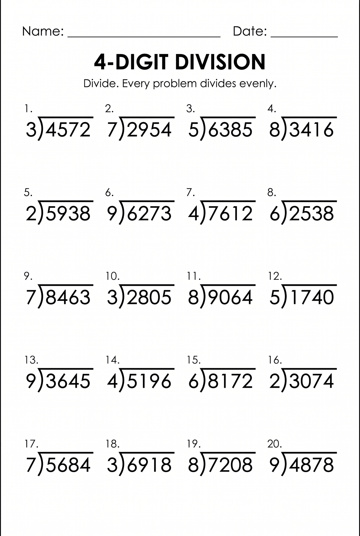 Division Problem Meaning 4-Digit Long Division Worksheet for 4th Grade
