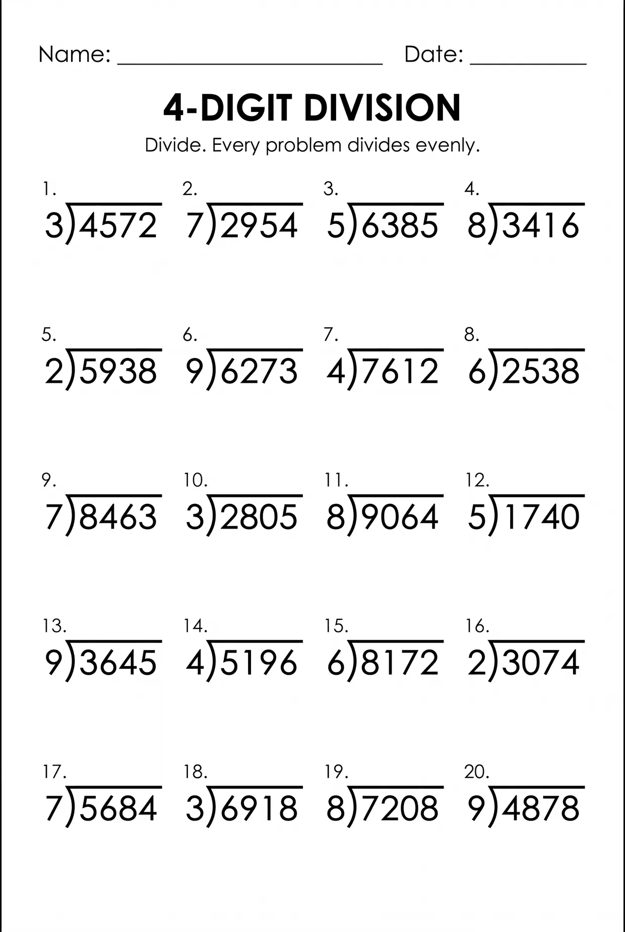 4-Digit Long Division Worksheet for 4th Grade, page 1 preview
