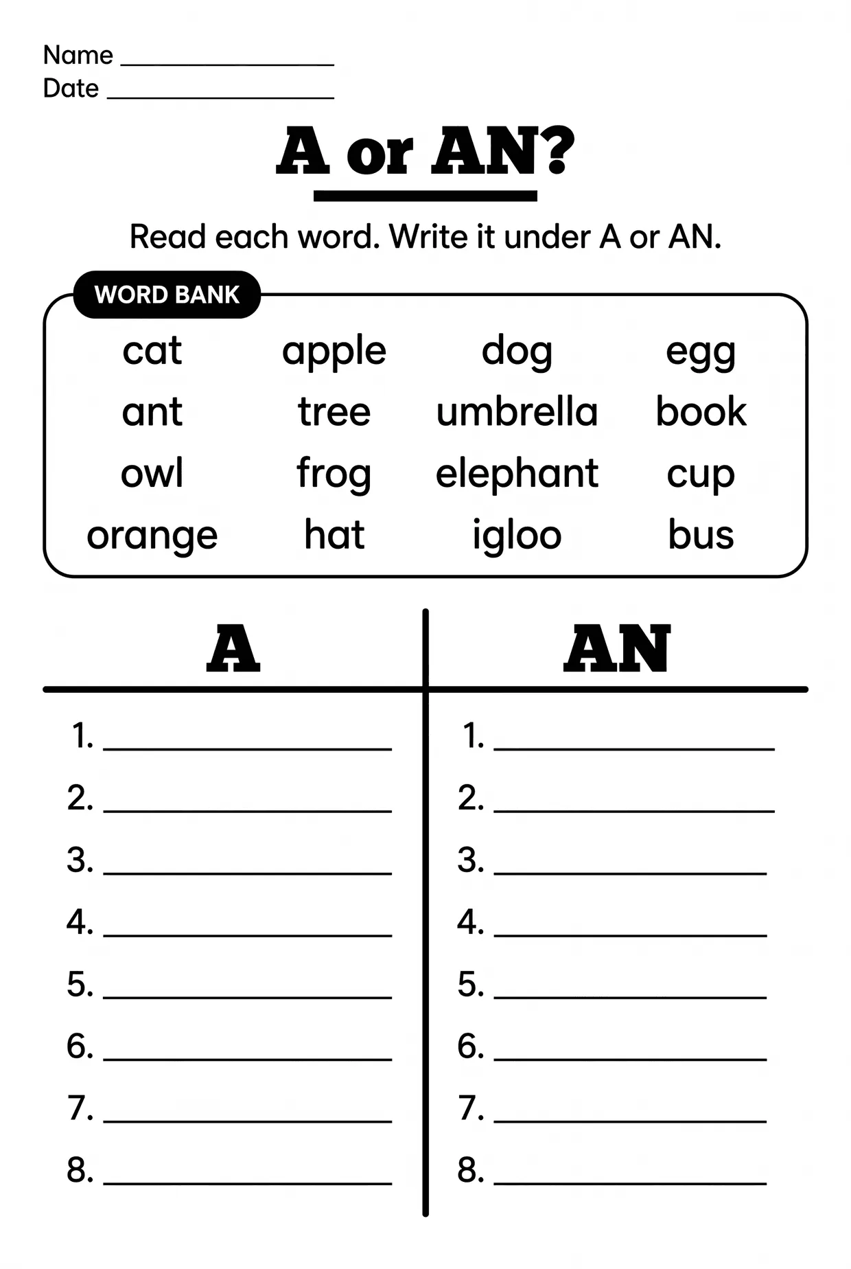 A or An Word Bank Sort Worksheet for First Grade, page 1 preview