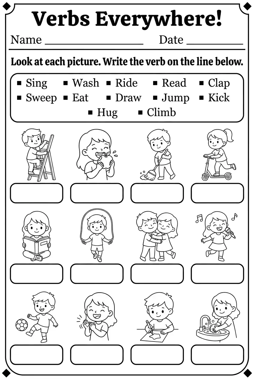 Action Verbs Worksheet to Color: Verbs Everywhere, page 1 preview