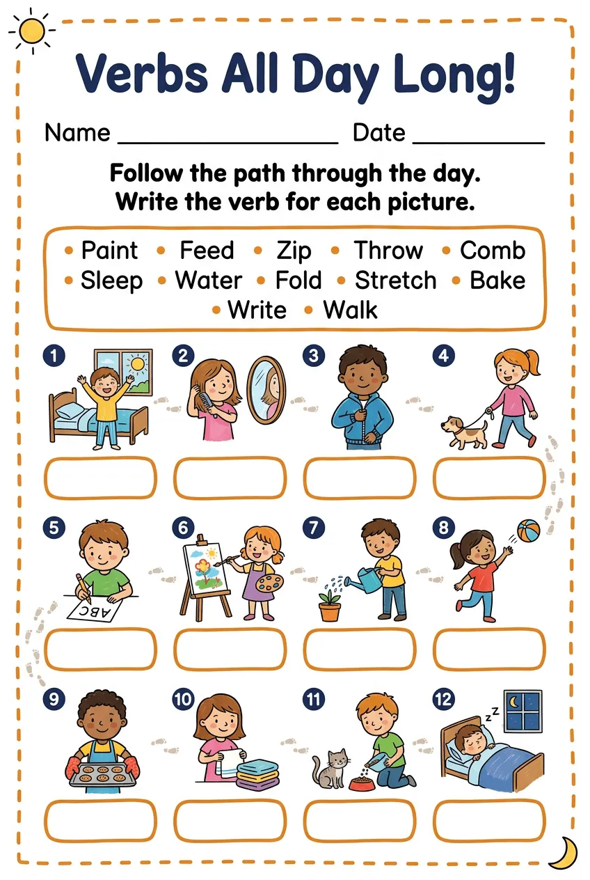 Daily Routine Verbs Worksheet: My Day in Action Words, page 1 preview