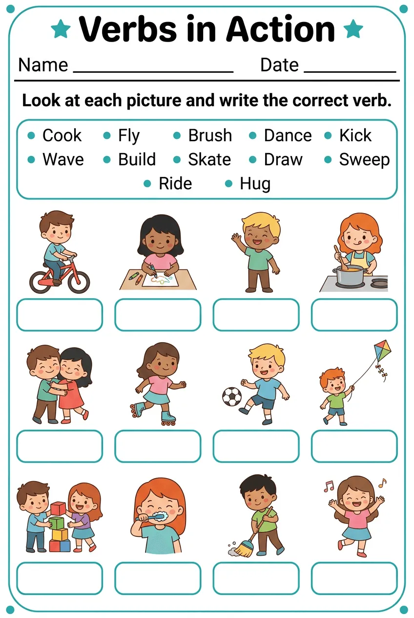 Action Verbs Worksheet: Write the Verb You See, page 1 preview