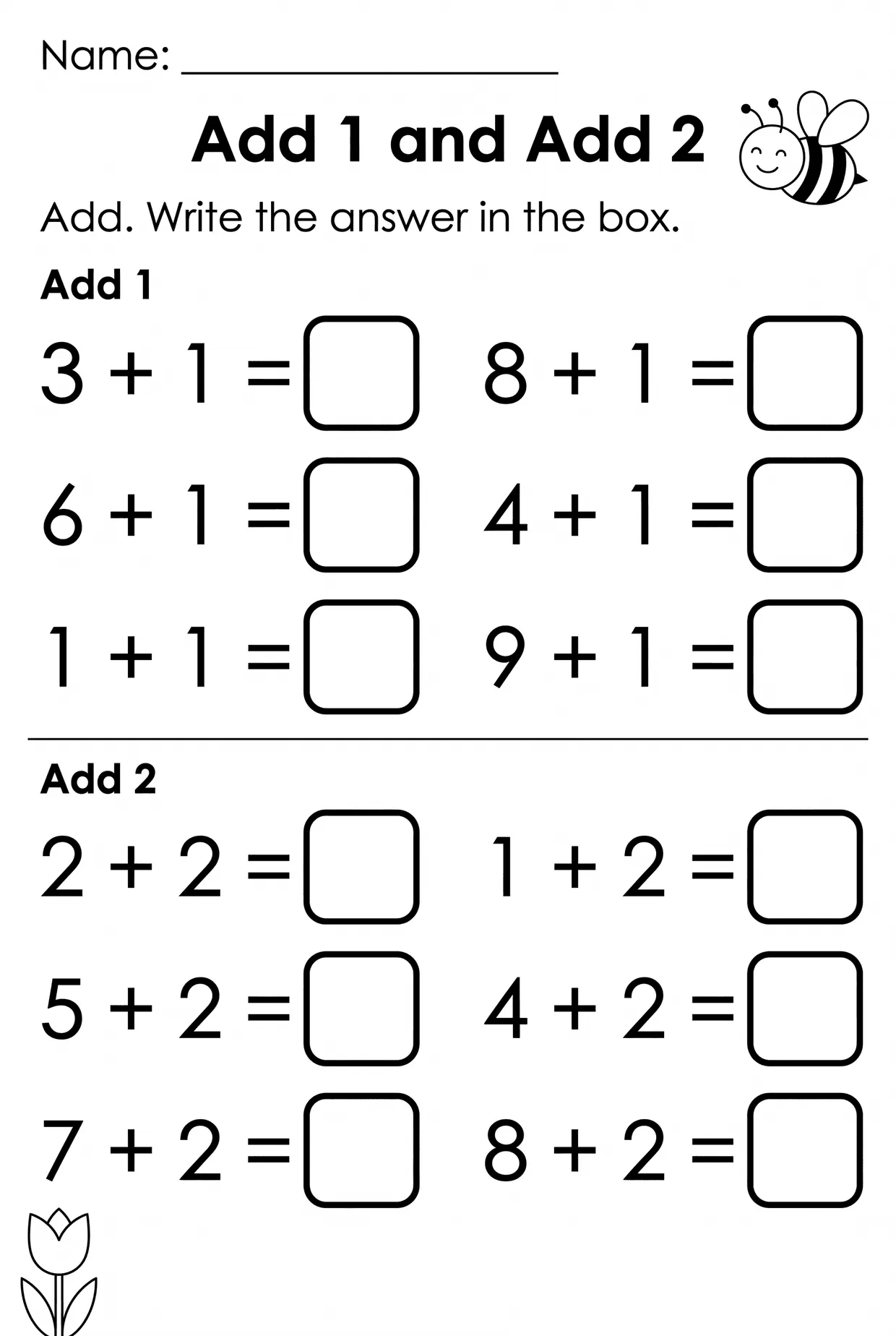 Add 1 and Add 2 Kindergarten Addition Worksheet, page 1 preview