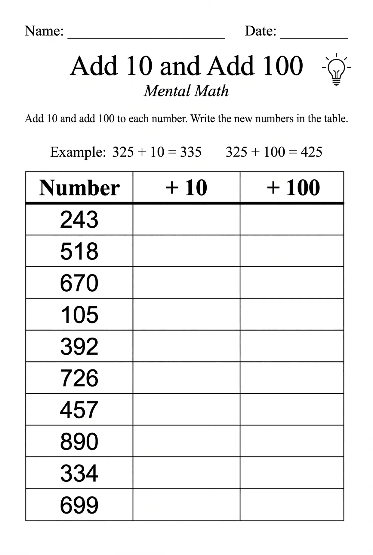 Add 10 and Add 100 Mental Math Worksheet for 2nd Grade, page 1 preview