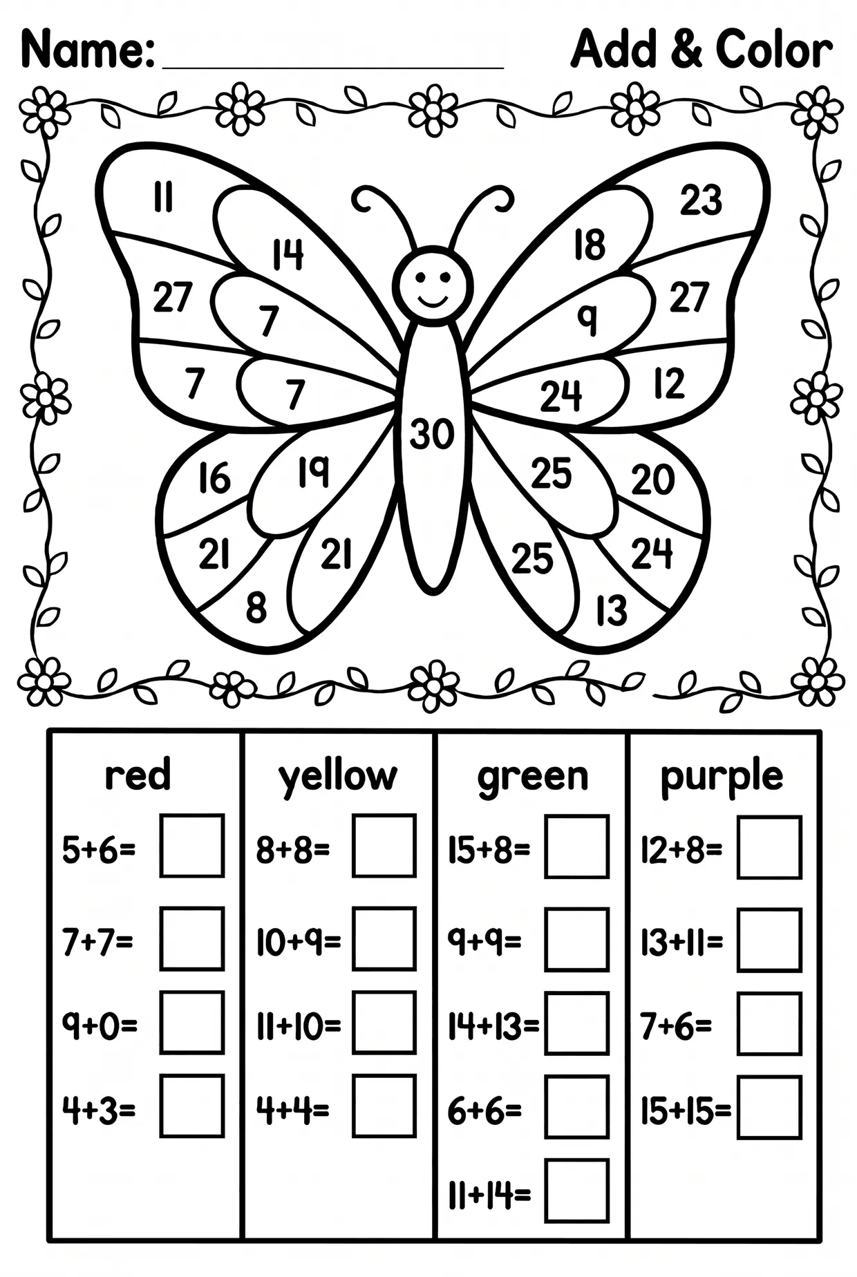 Butterfly Add and Color worksheet preview