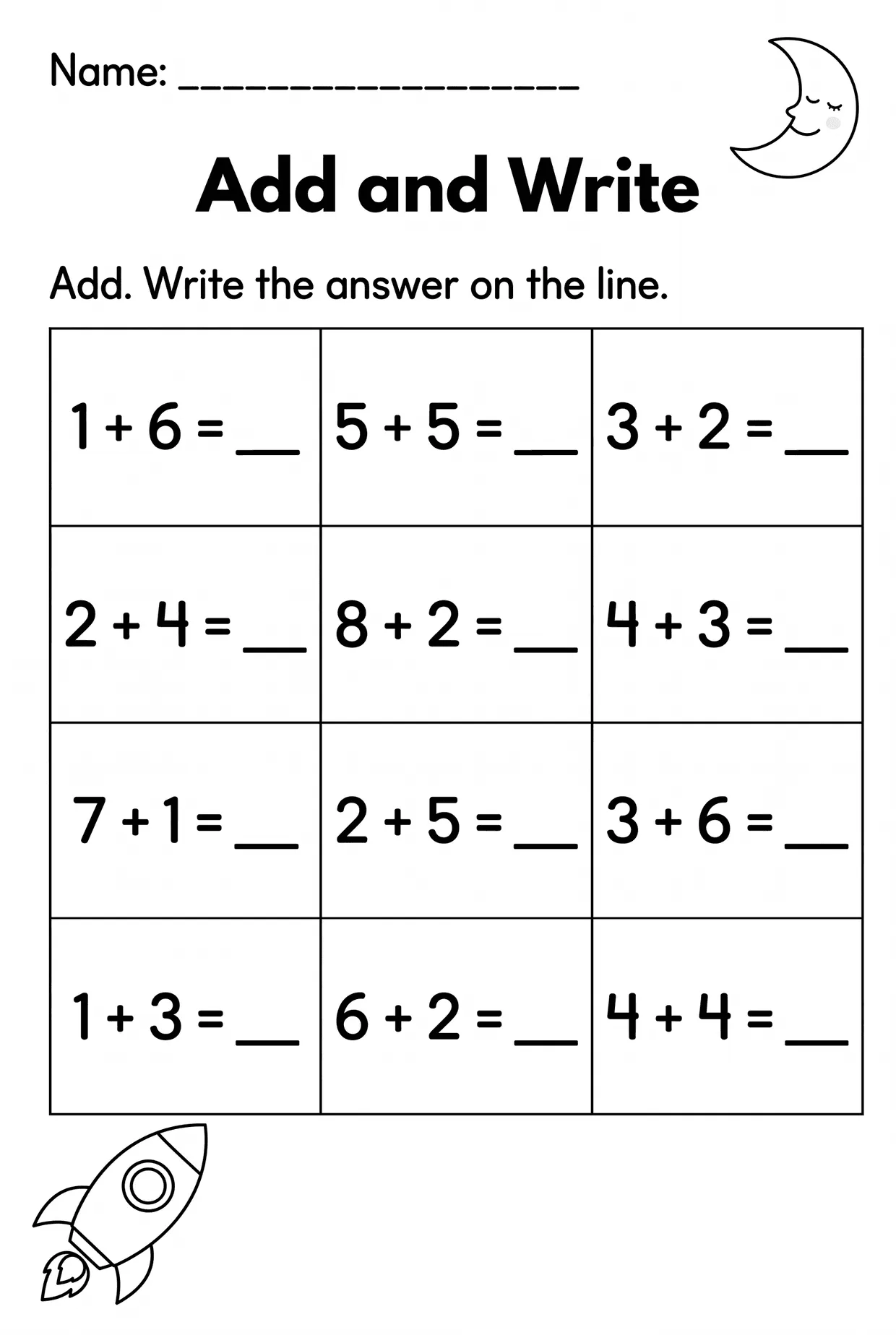 Add and Write Kindergarten Addition Worksheet to 10, page 1 preview