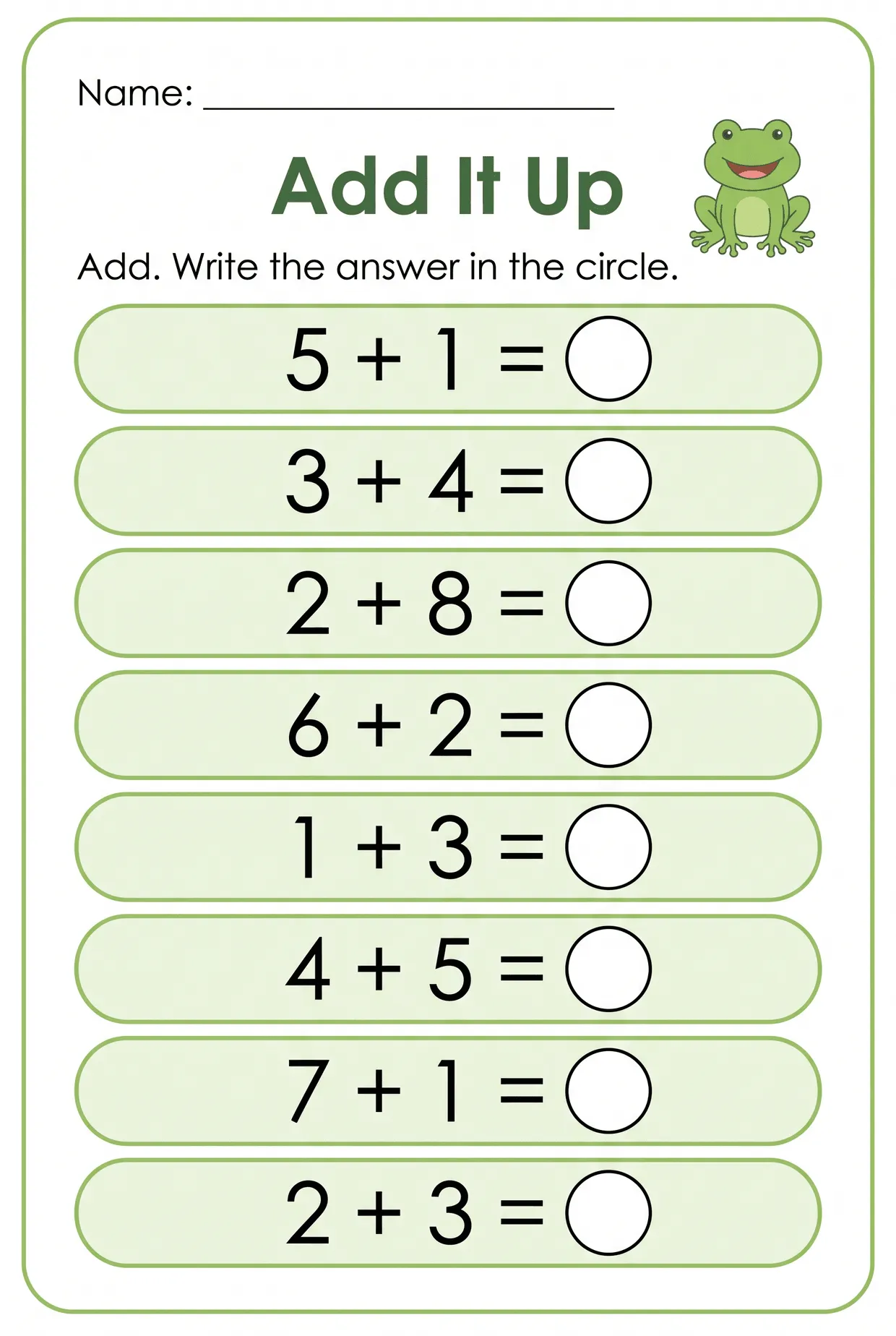 Add It Up: Frog Kindergarten Addition Worksheet, page 1 preview