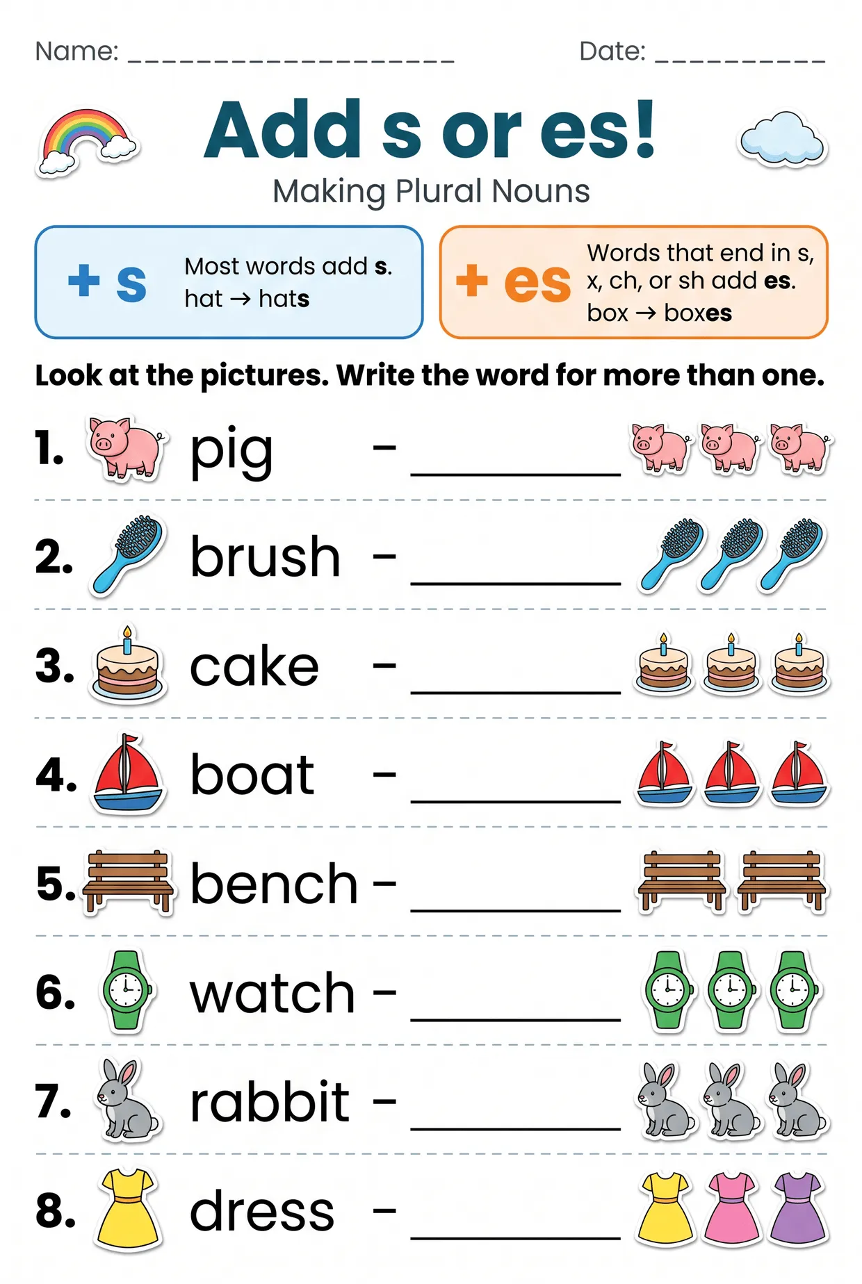 Add S or ES Singular Plural Worksheet for Grade 1, page 1 preview