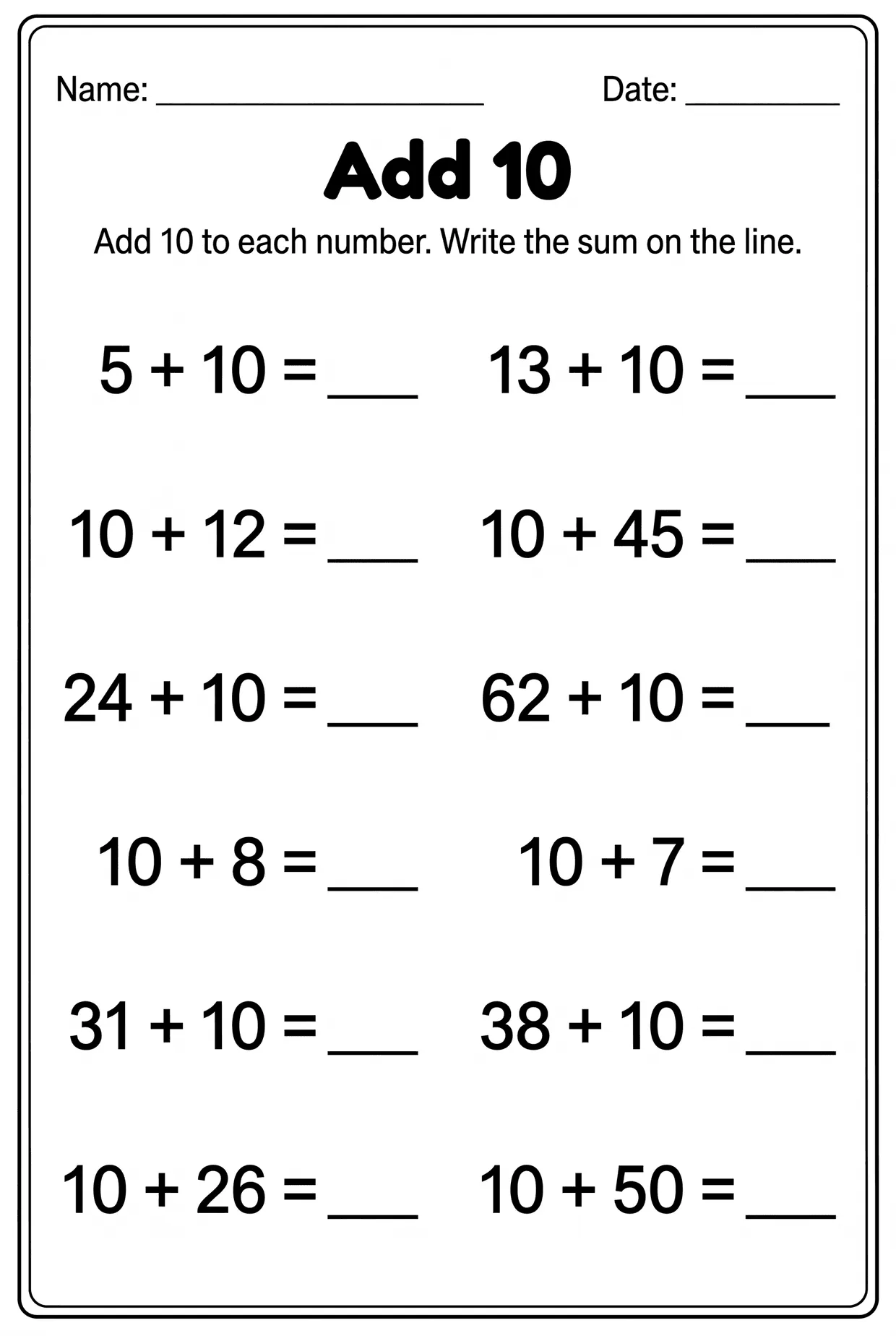 Add 10 More: First Grade Addition Worksheet worksheet preview
