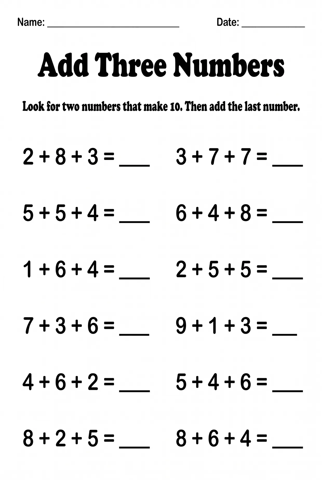 Add Three Numbers: First Grade Addition Worksheet worksheet preview