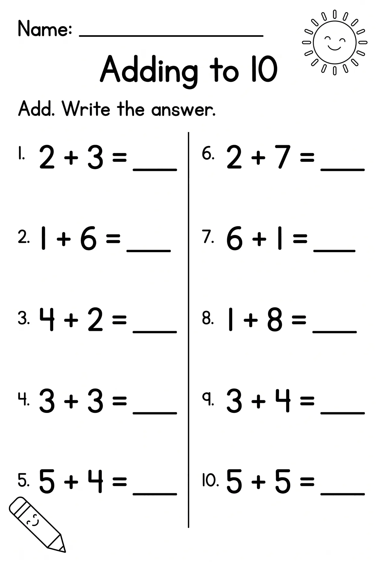 Adding to 10: Numbered Kindergarten Addition Worksheet, page 1 preview