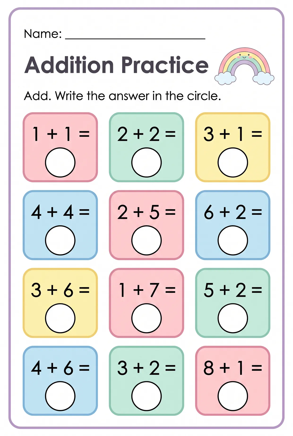 Rainbow Grid Kindergarten Addition Practice Worksheet, page 1 preview