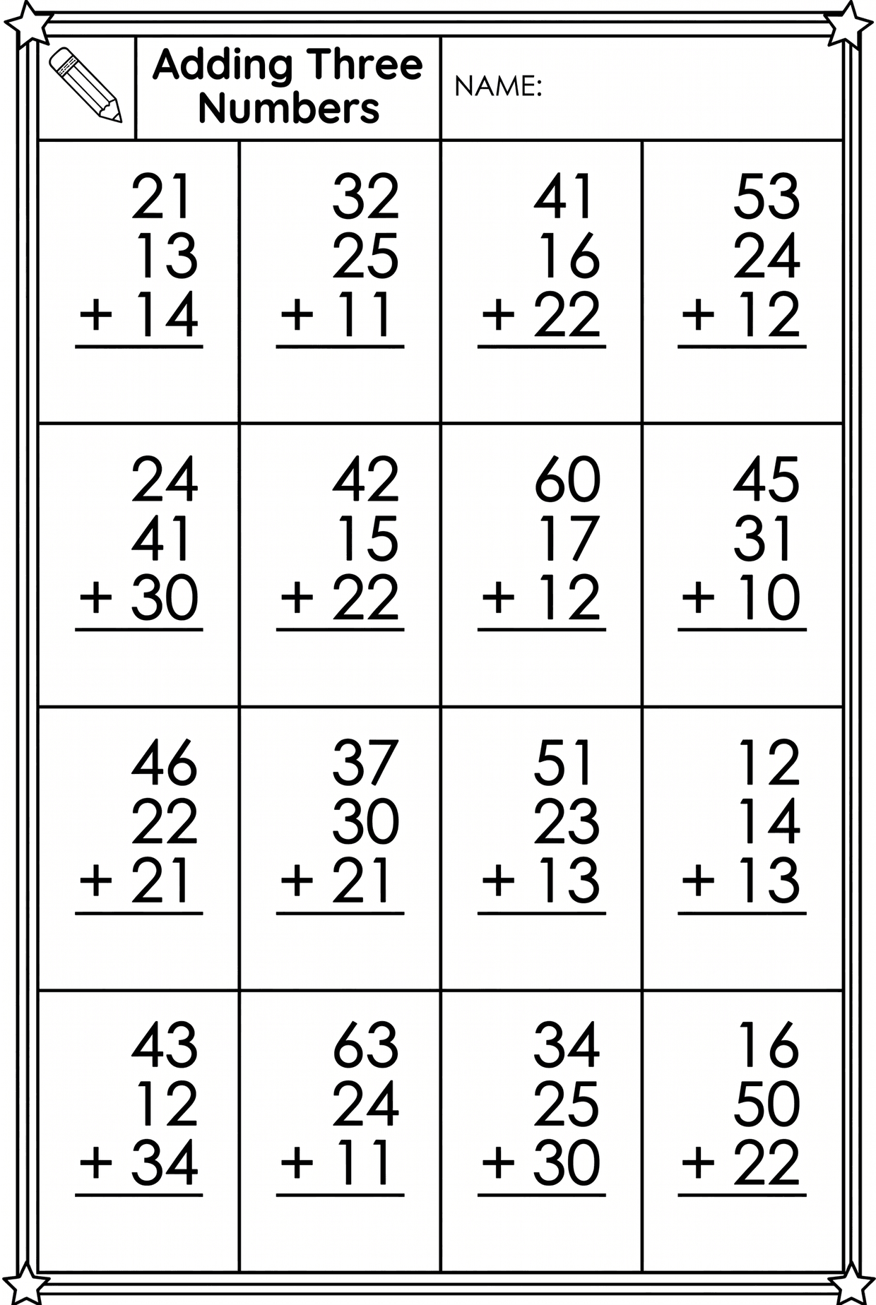 Add Three Two-Digit Numbers: Addition Worksheet