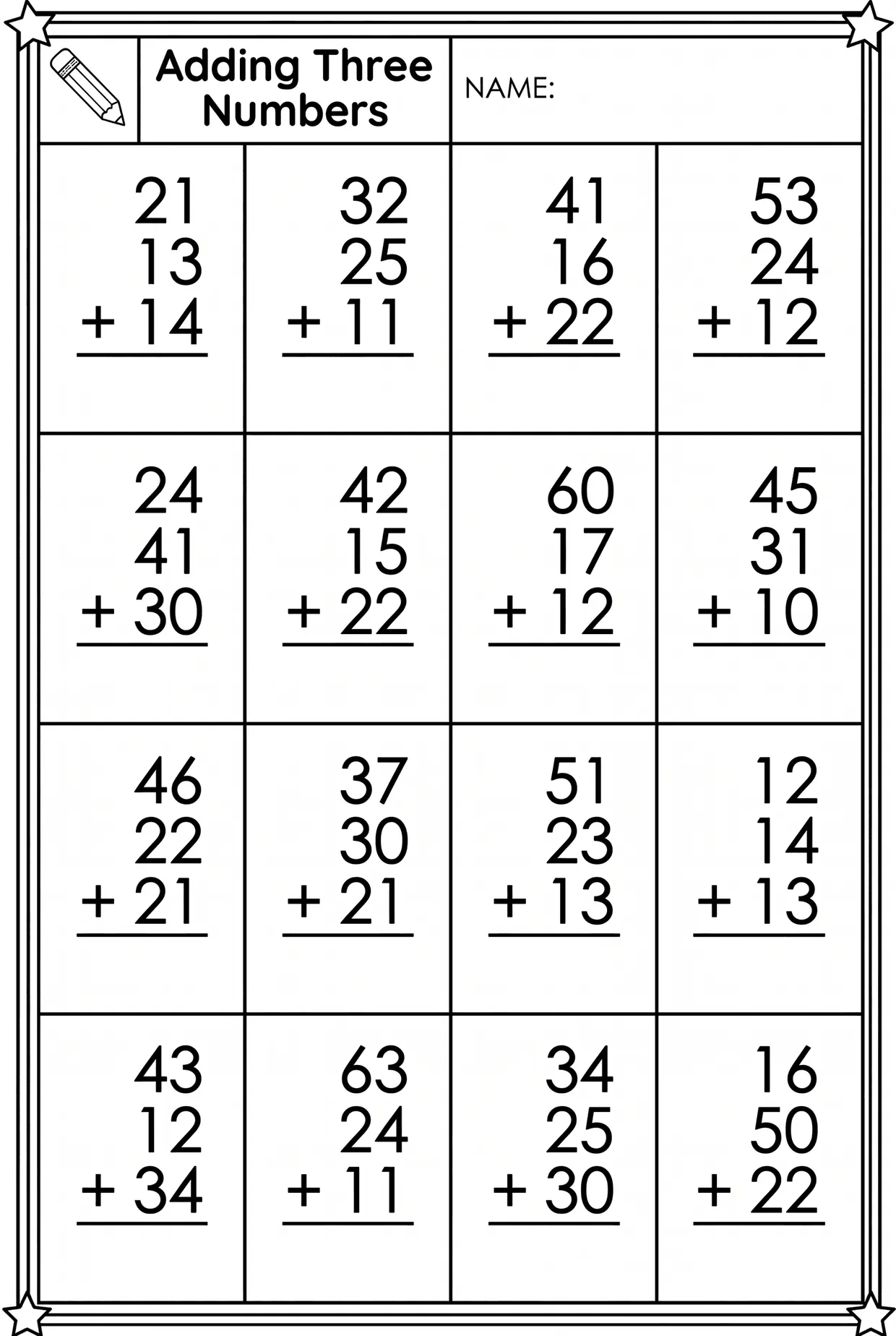 Adding Three Two-Digit Numbers worksheet preview