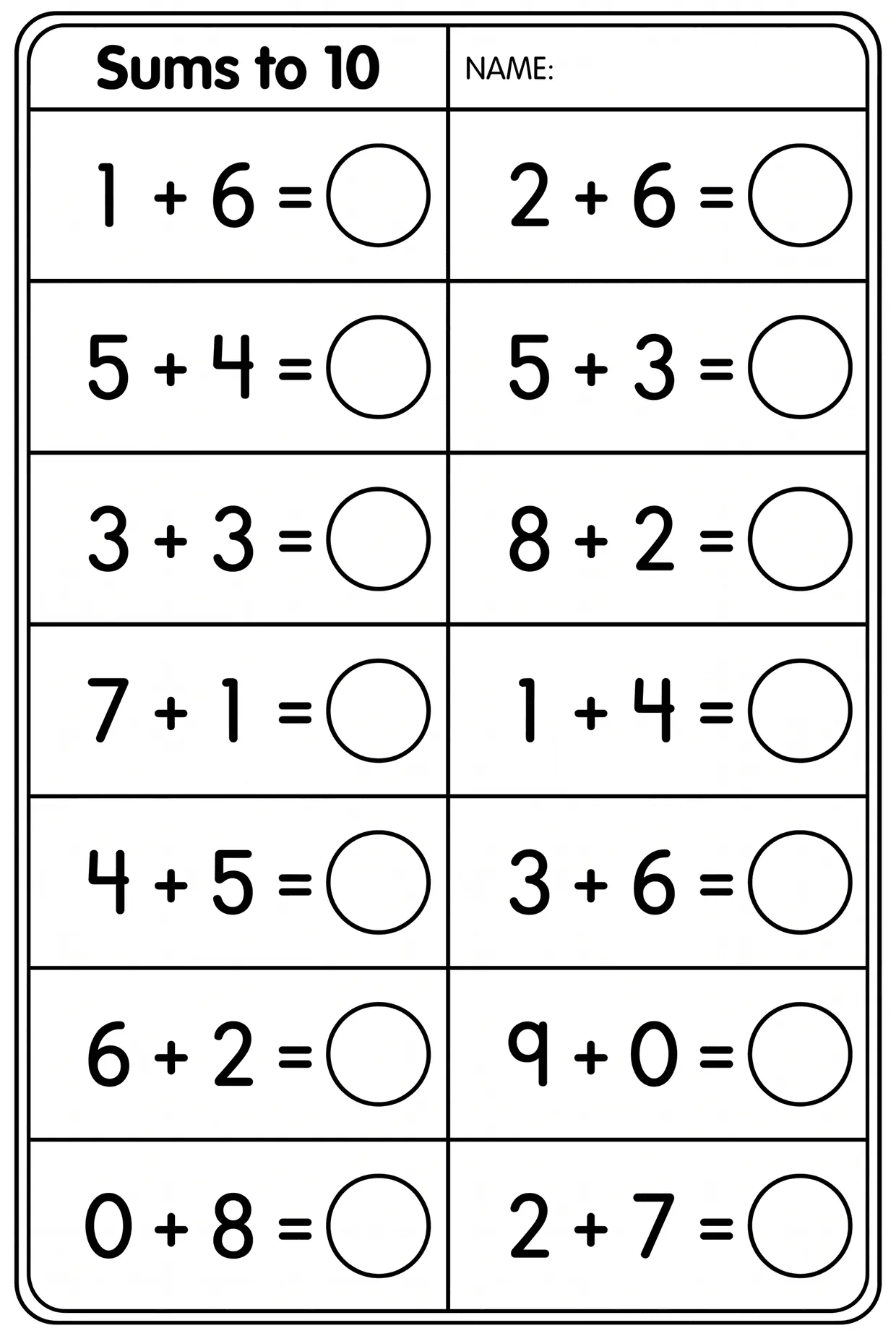 Sums to 10 worksheet preview