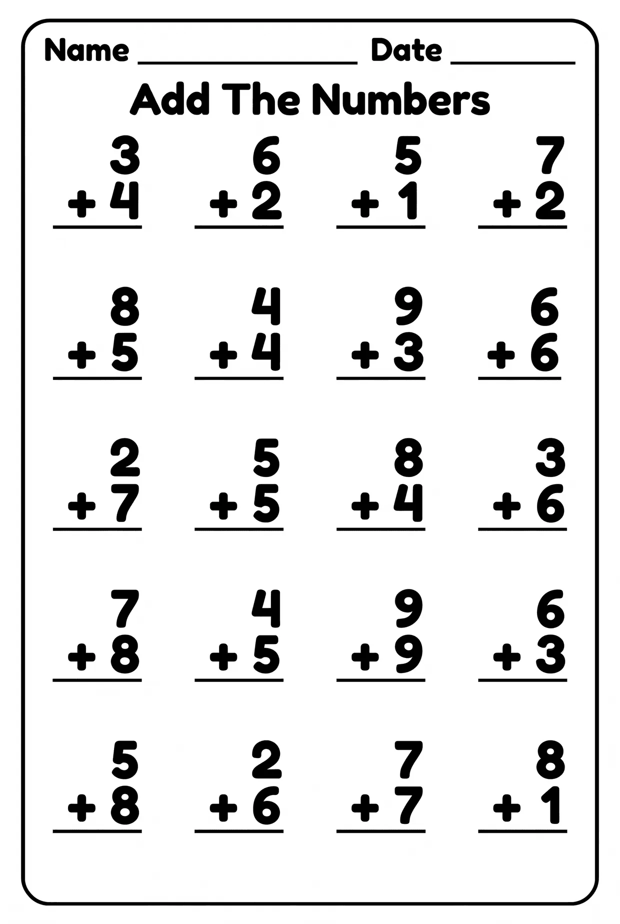 Add the Numbers: Sums to 20 worksheet preview