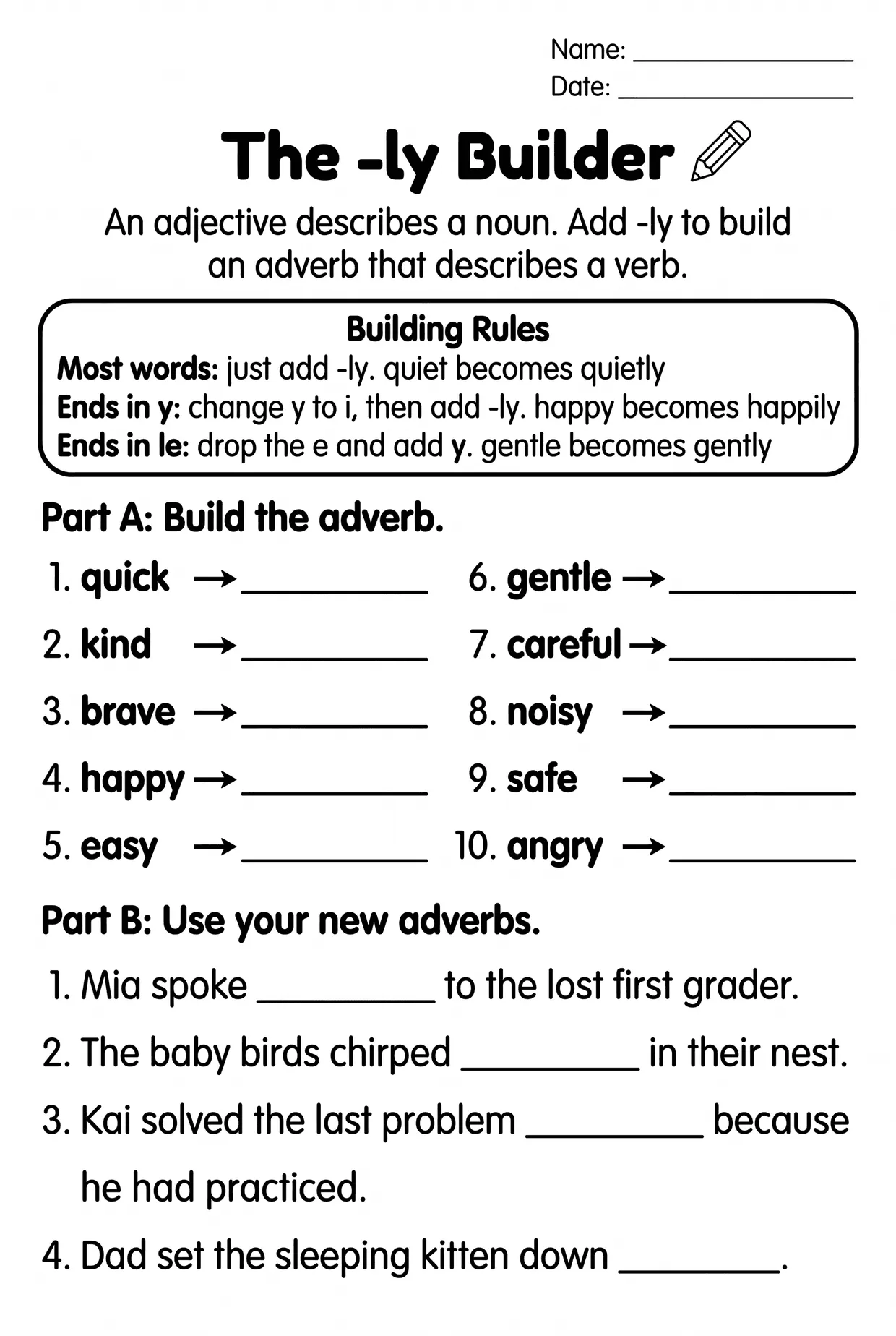 Adding -ly: Adjective to Adverb Worksheet Grade 3, page 1 preview
