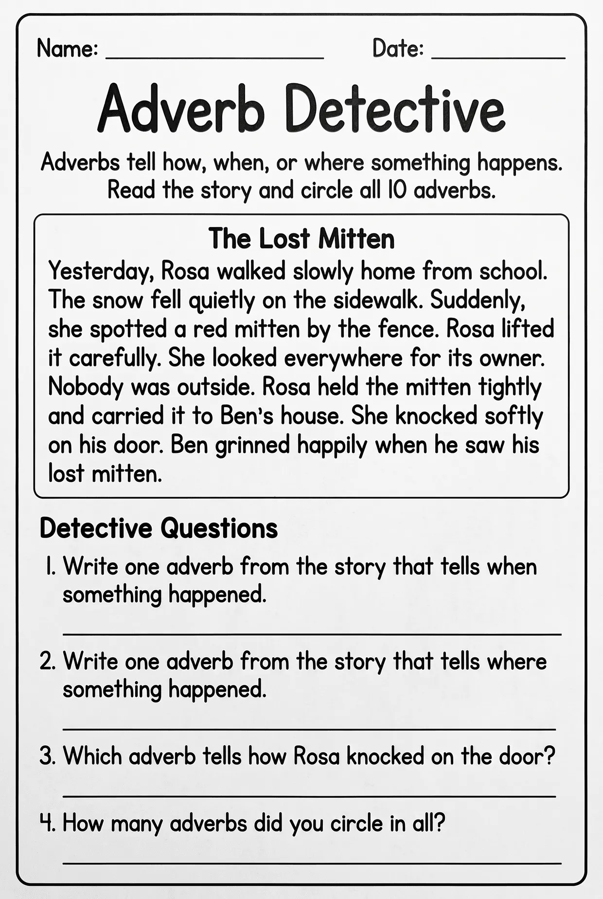 Adverb Detective Reading Worksheet for Grade 3, page 1 preview