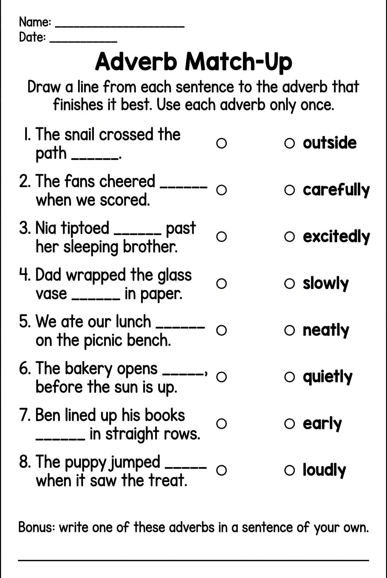 Adverb Matching Worksheet for 3rd Grade, page 1 preview