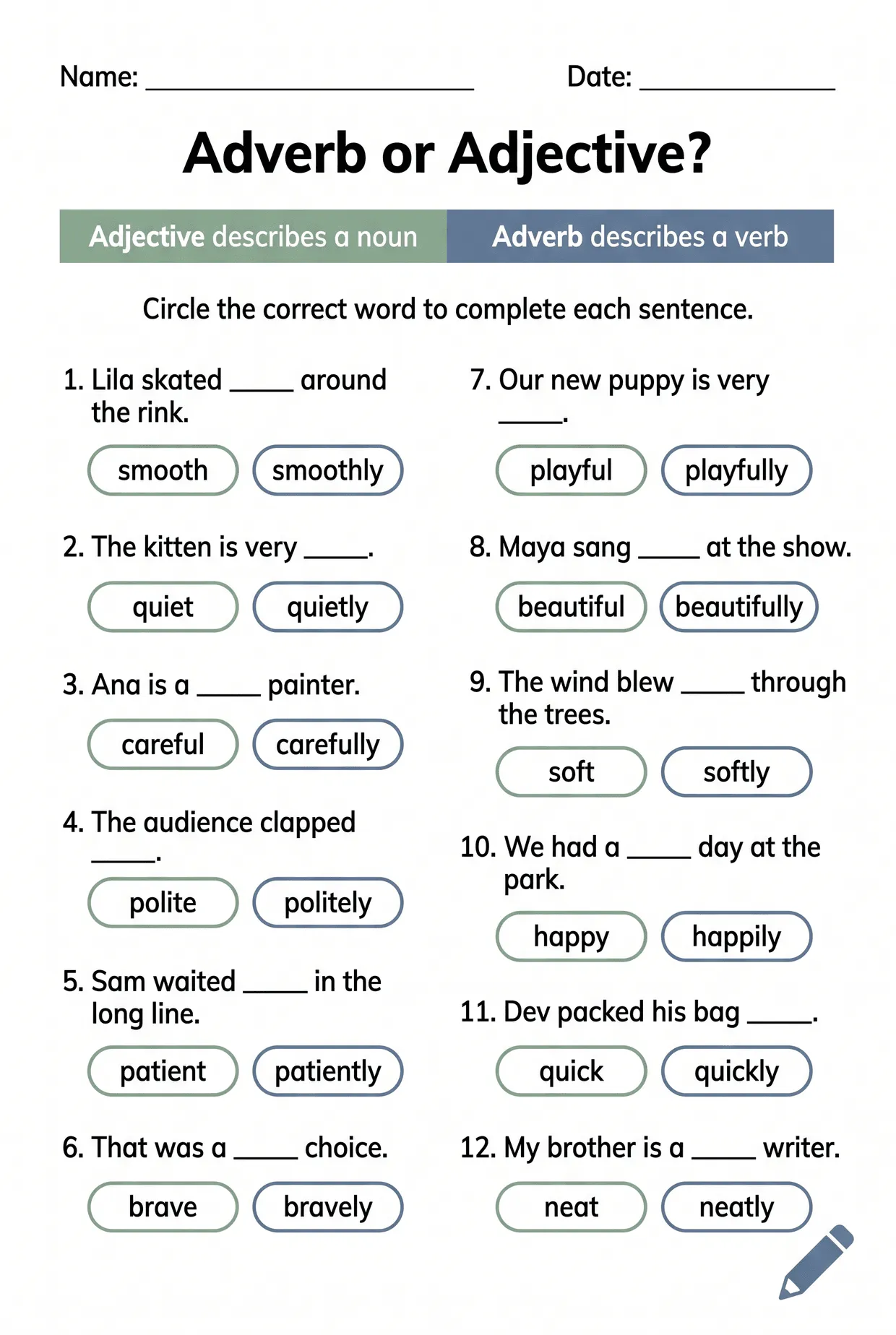 Adverb or Adjective Worksheet for Grade 3, page 1 preview