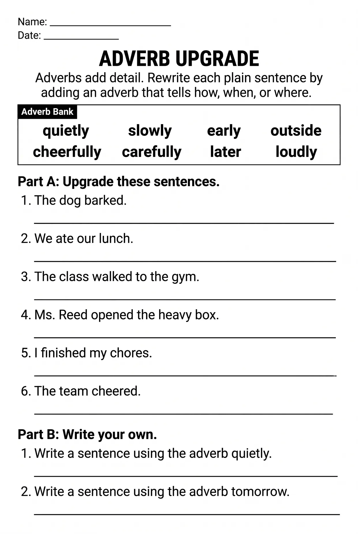 Adverb Sentence Writing Worksheet for Grade 3, page 1 preview