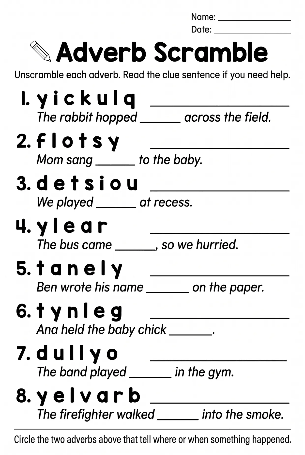 Adverb Word Scramble Worksheet for 3rd Grade, page 1 preview