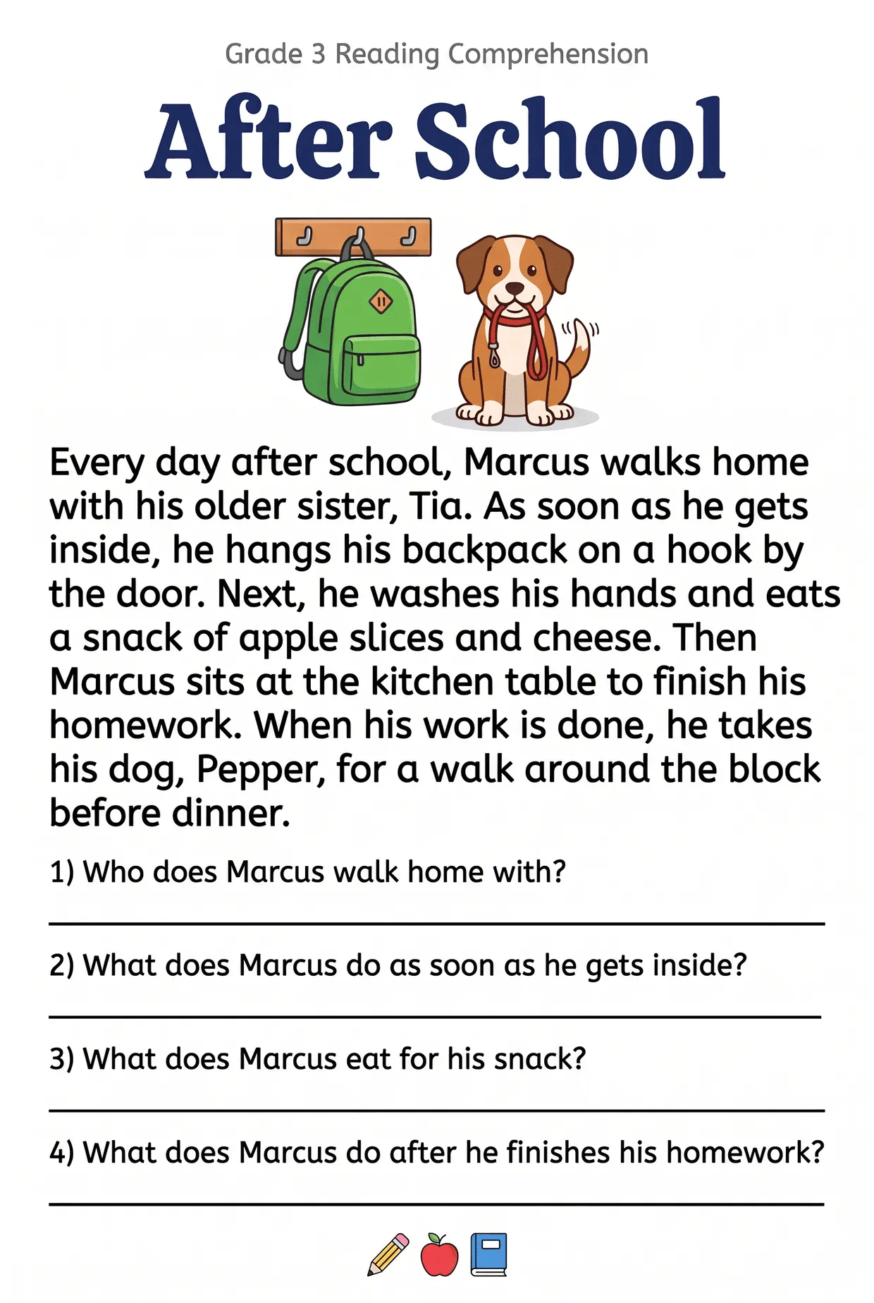 After School Reading Comprehension Worksheet for Grade 3, page 1 preview
