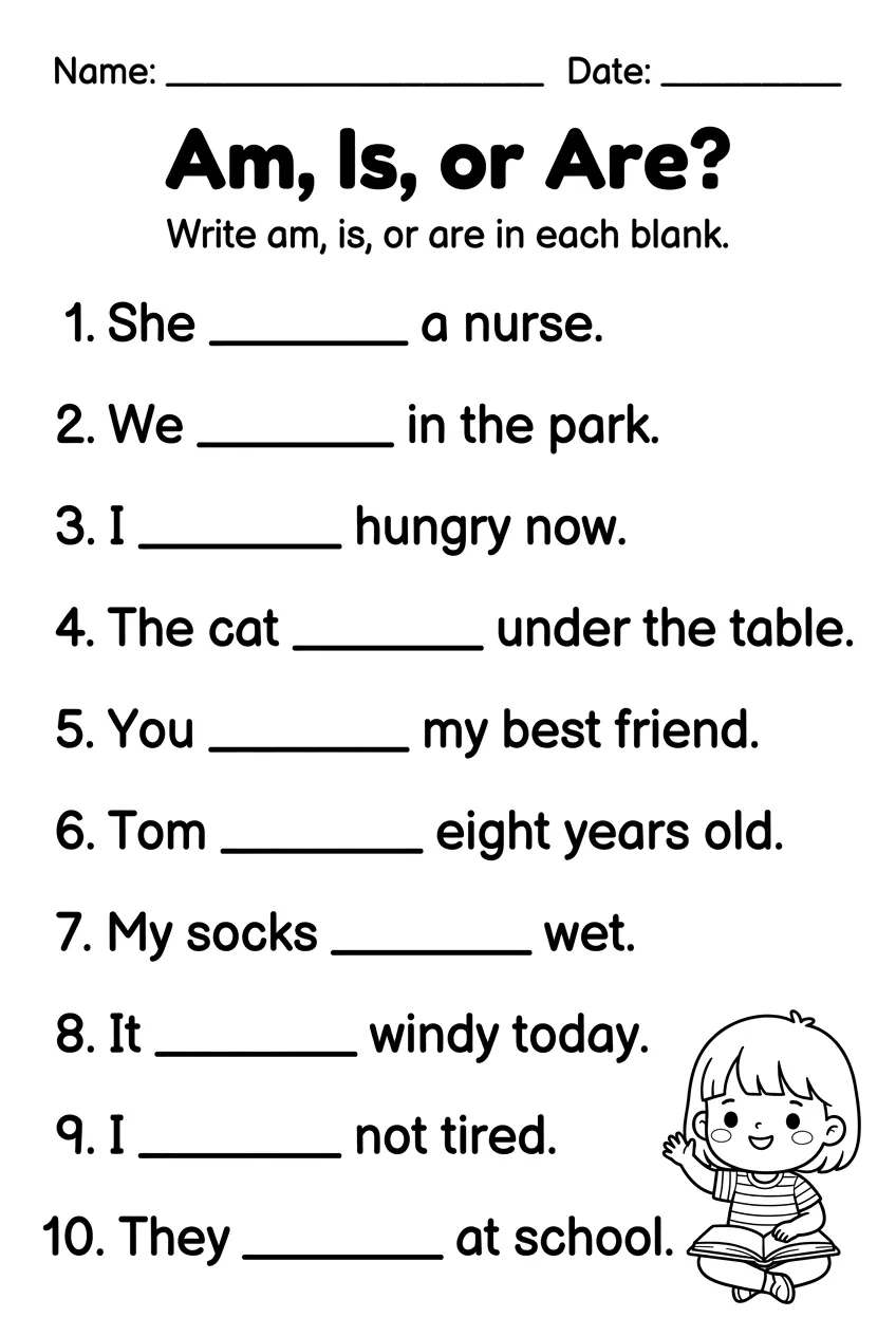 Am, Is, or Are? Be Verbs Fill-in-the-Blank Worksheet worksheet preview