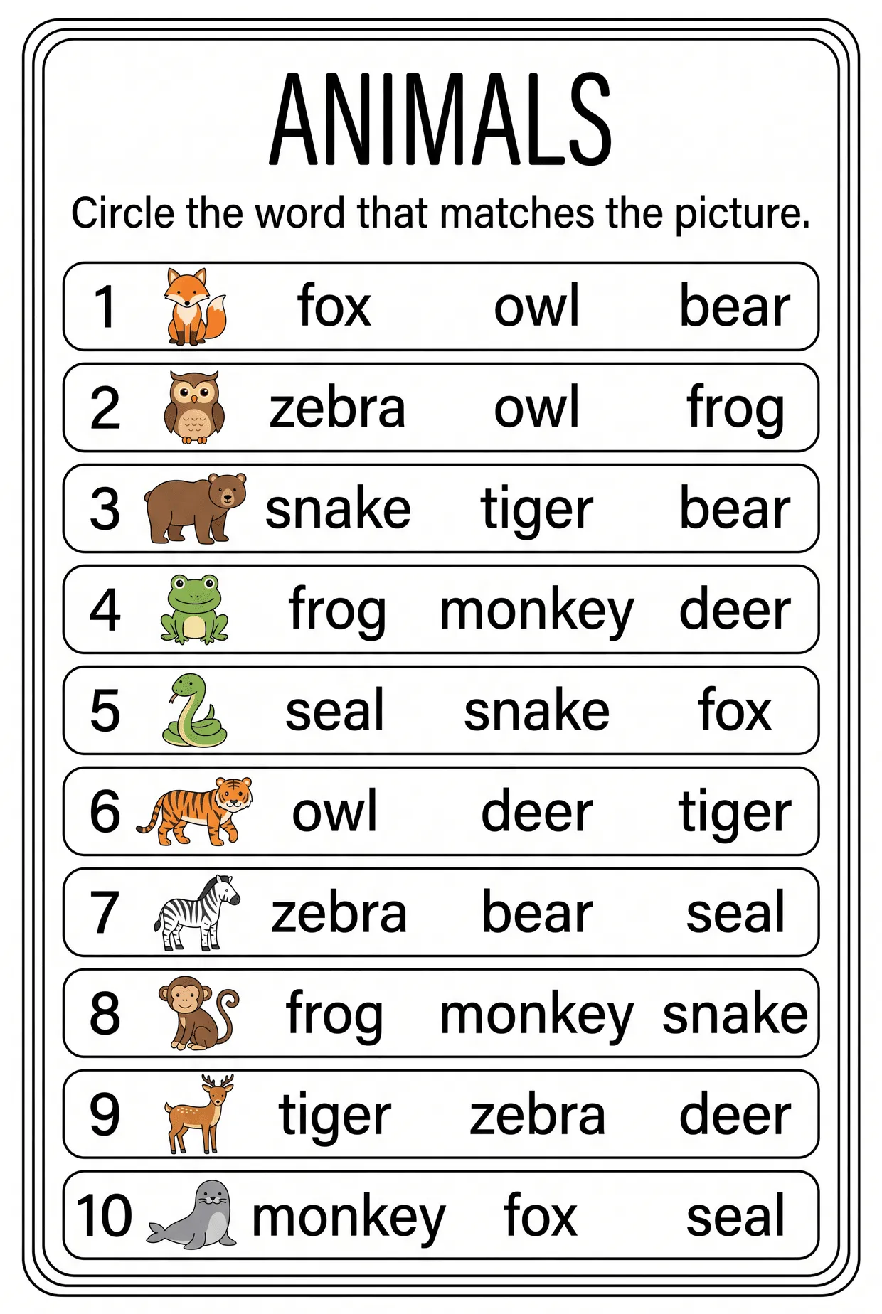 Animals Worksheet for Kids: Circle the Word worksheet preview
