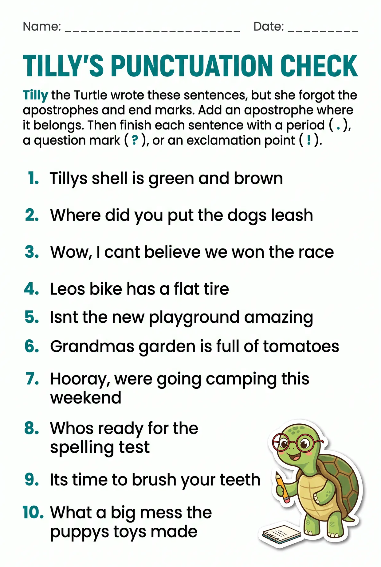 Apostrophes and End Marks Punctuation Worksheet, page 1 preview
