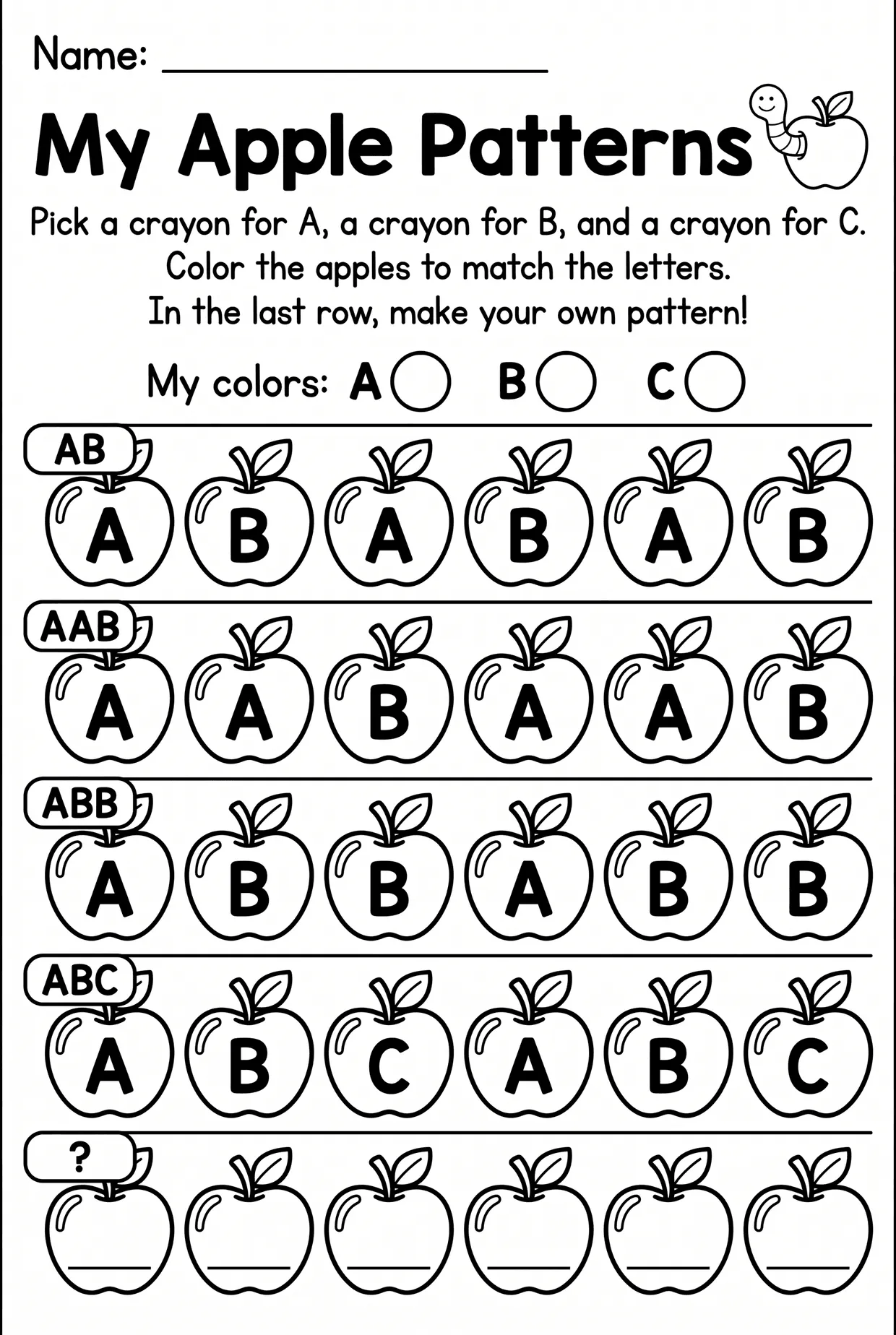 Apple ABC Pattern Coloring Worksheet for Kindergarten, page 1 preview