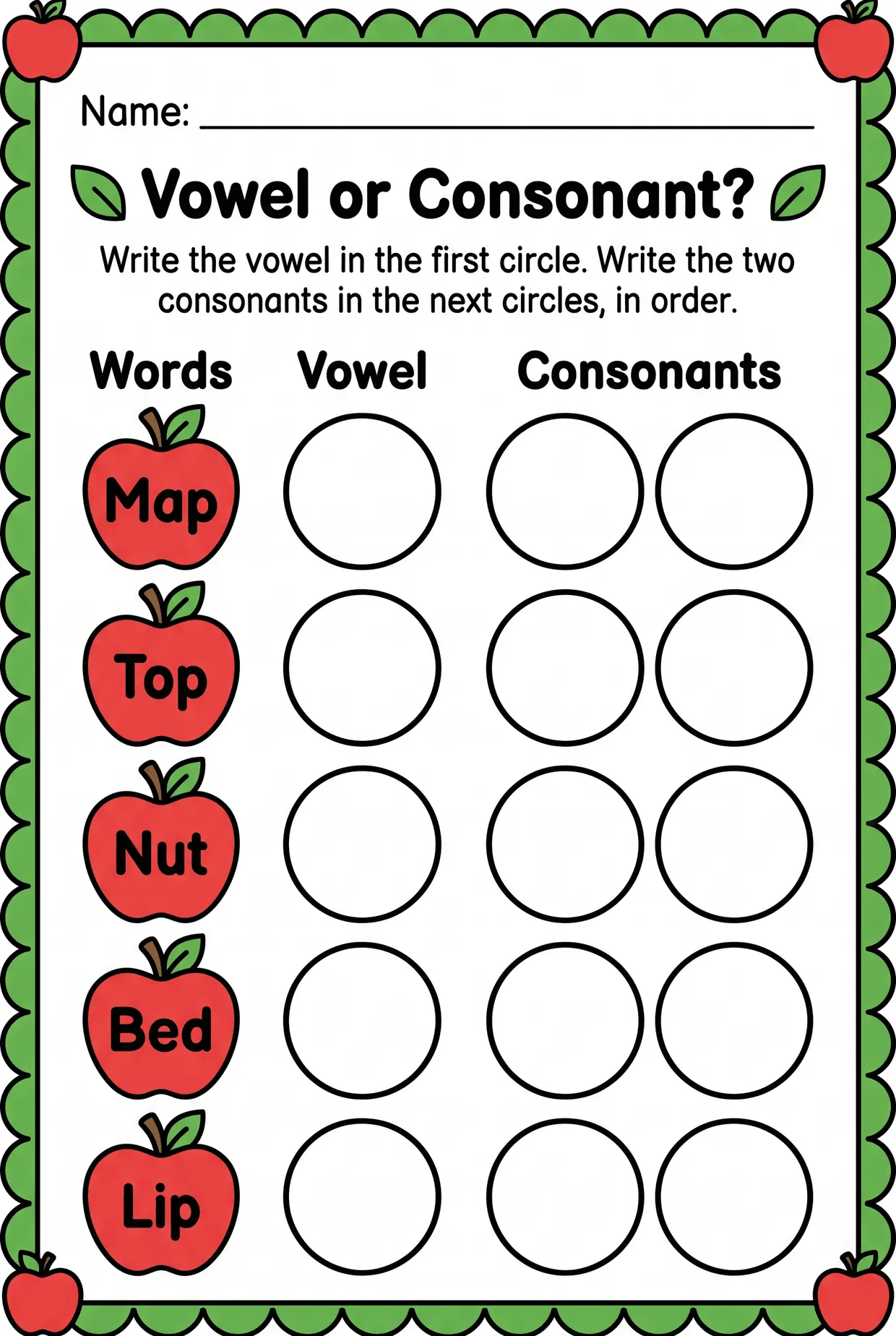 Vowel or Consonant? Apple CVC Sorting Worksheet, page 1 preview