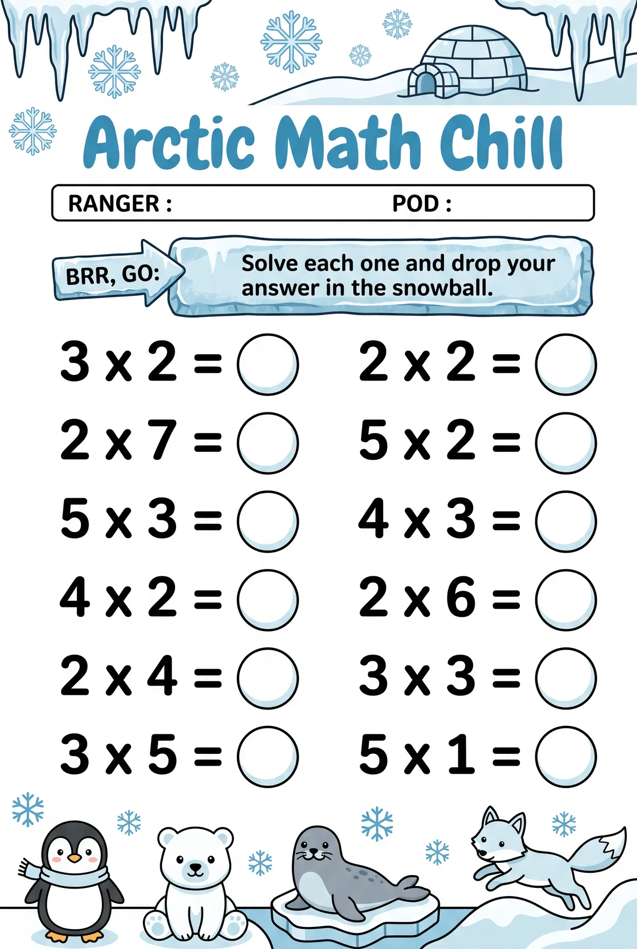 Arctic Math Chill: Penguin Multiplication Worksheet, page 1 preview