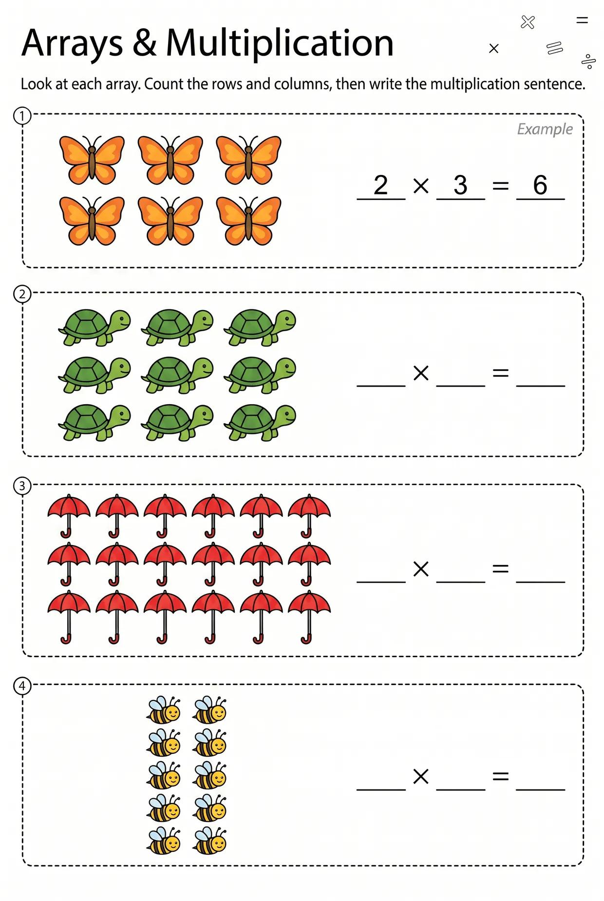 Arrays Multiplication Worksheet: Butterflies and Bees, page 1 preview