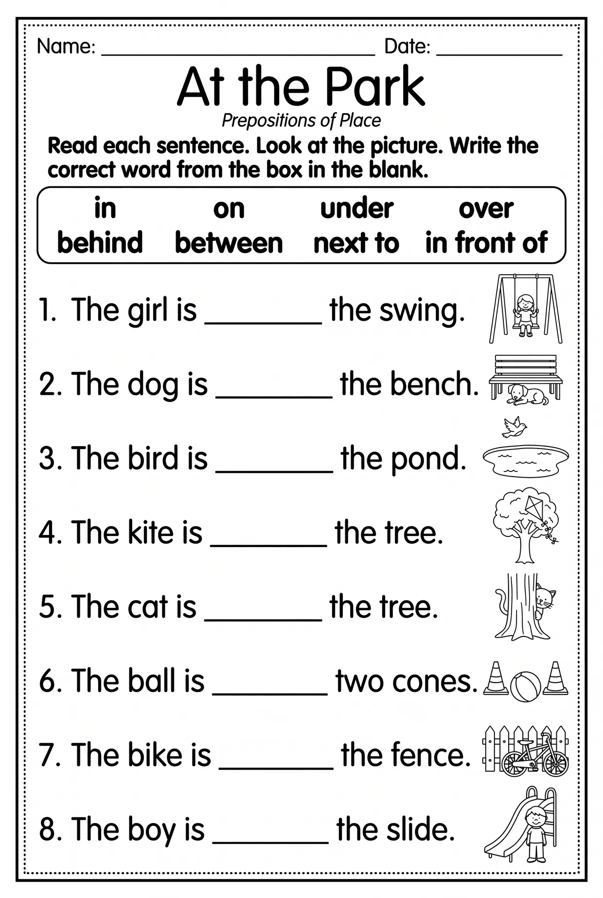 At the Park Prepositions Worksheet for First Grade, page 1 preview