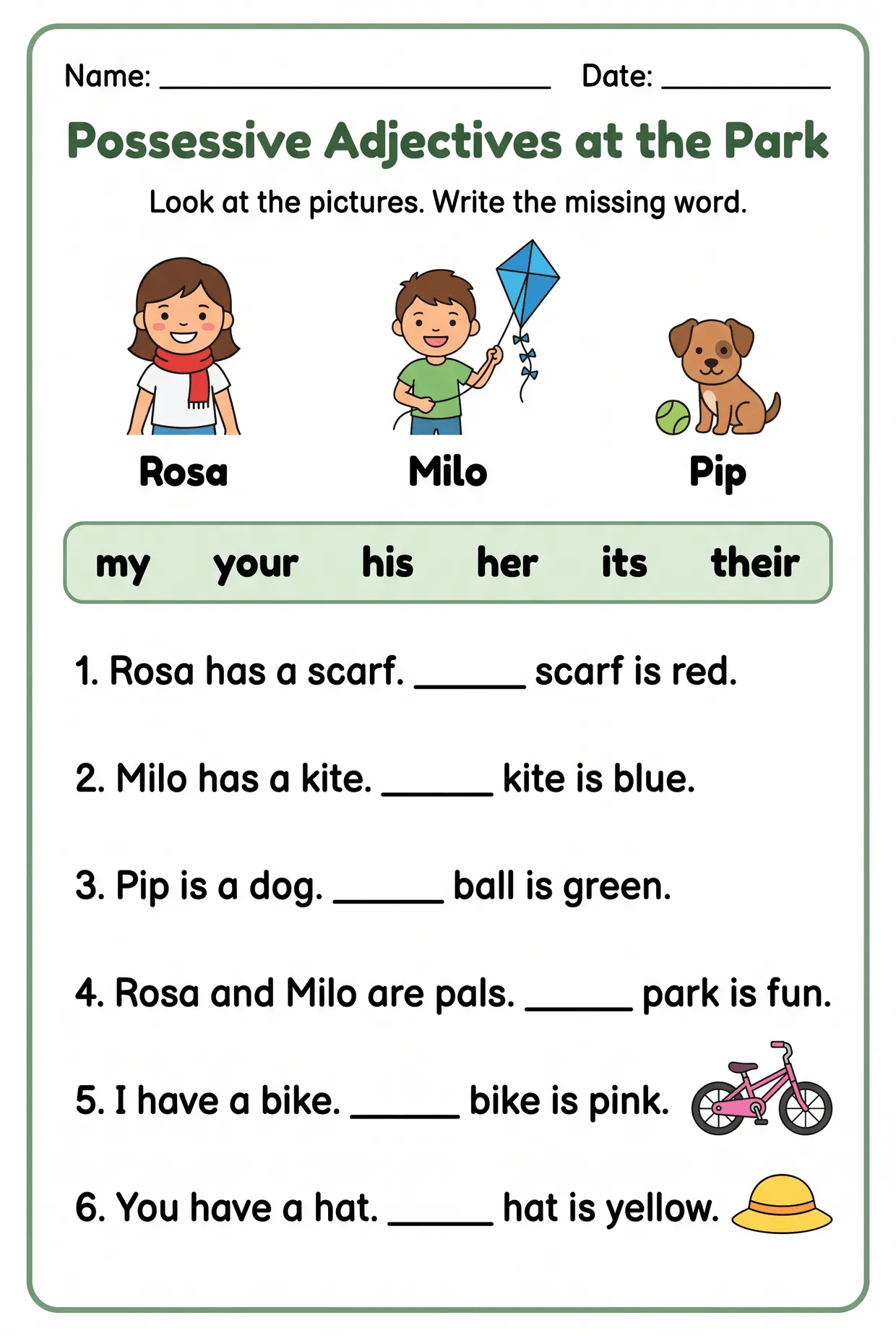 Possessive Adjectives at the Park Worksheet, page 1 preview