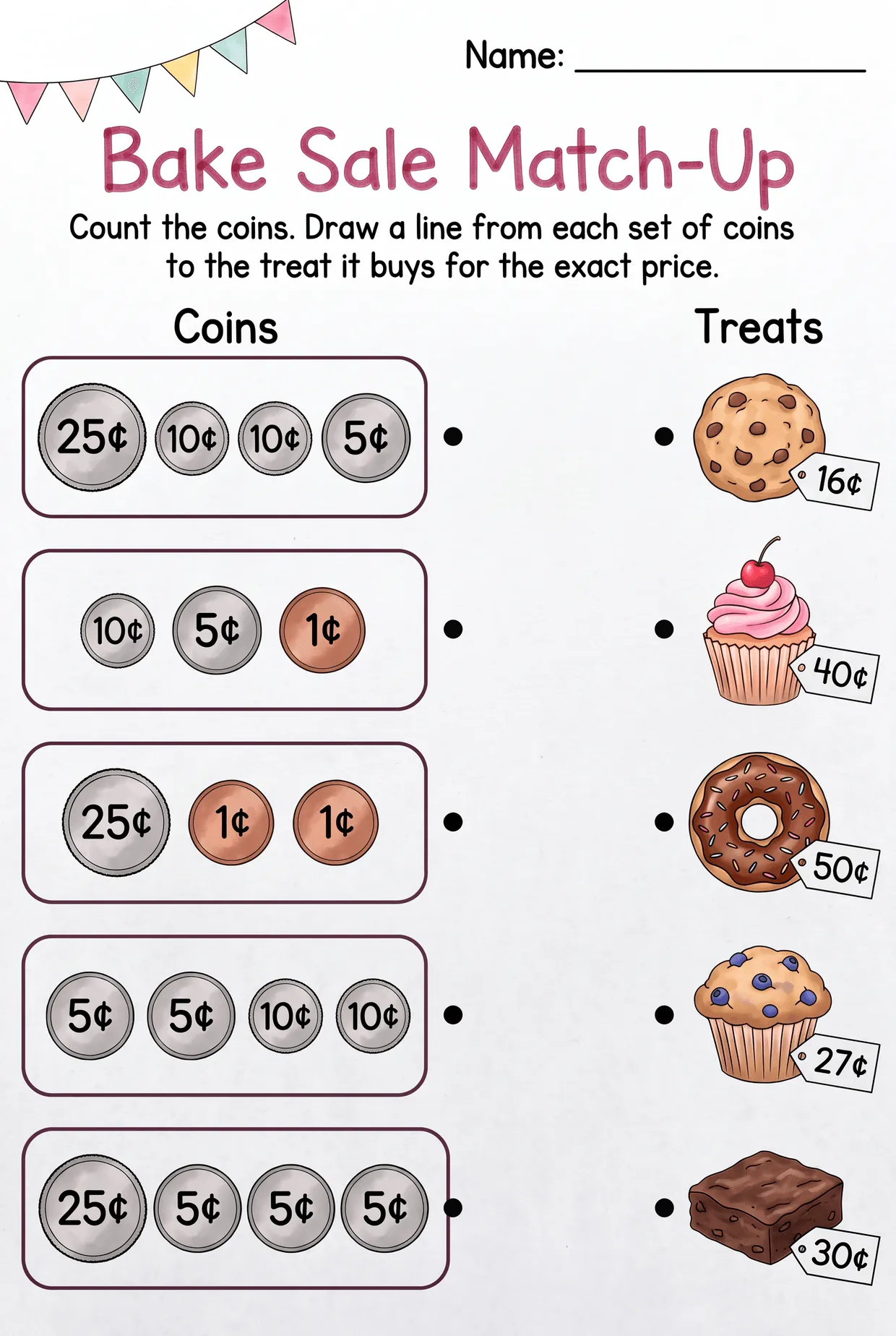 Bake Sale Coin Matching: 2nd Grade Money Worksheet, page 1 preview