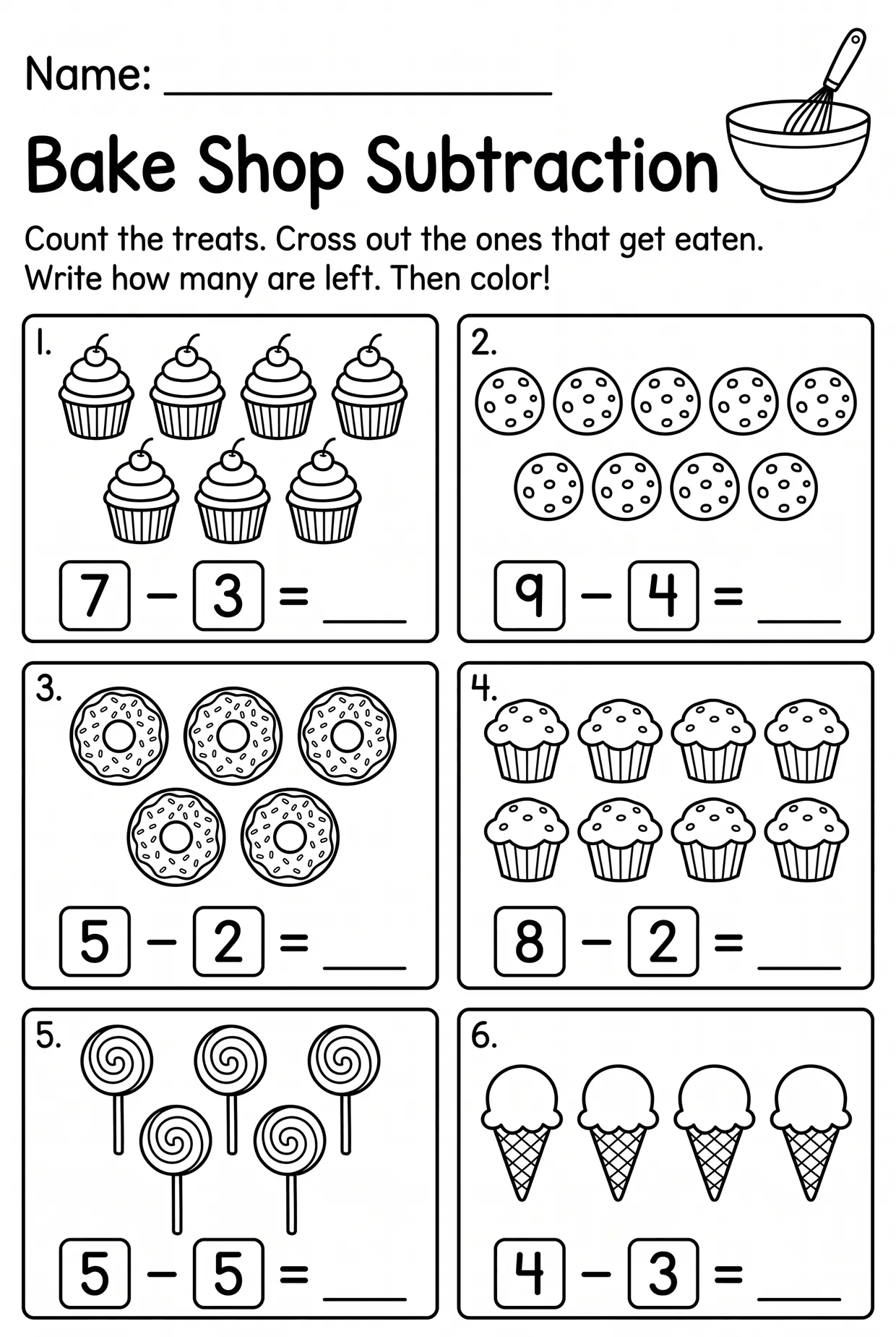 Bake Shop Kindergarten Subtraction Worksheet, page 1 preview