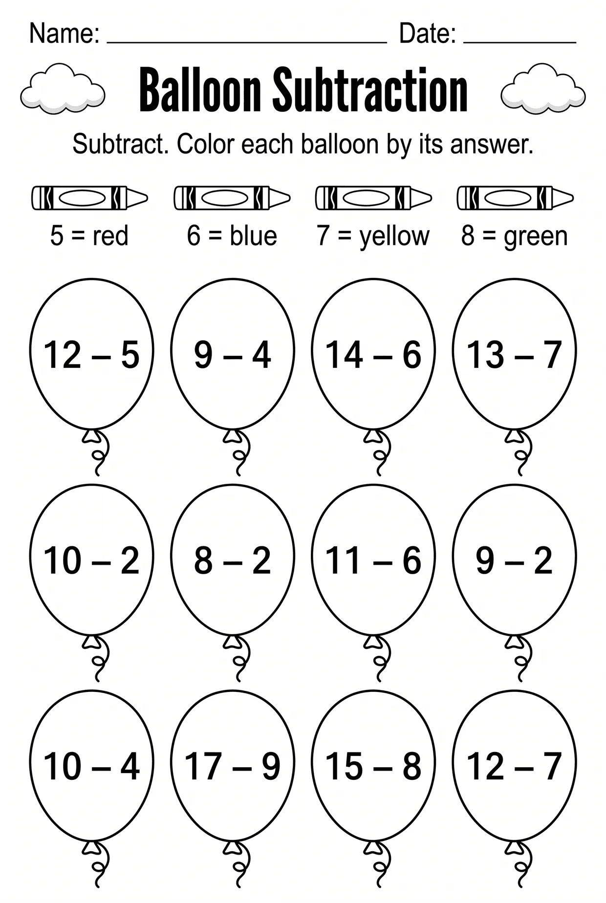 Balloon Color by Answer Subtraction Worksheet Grade 1, page 1 preview