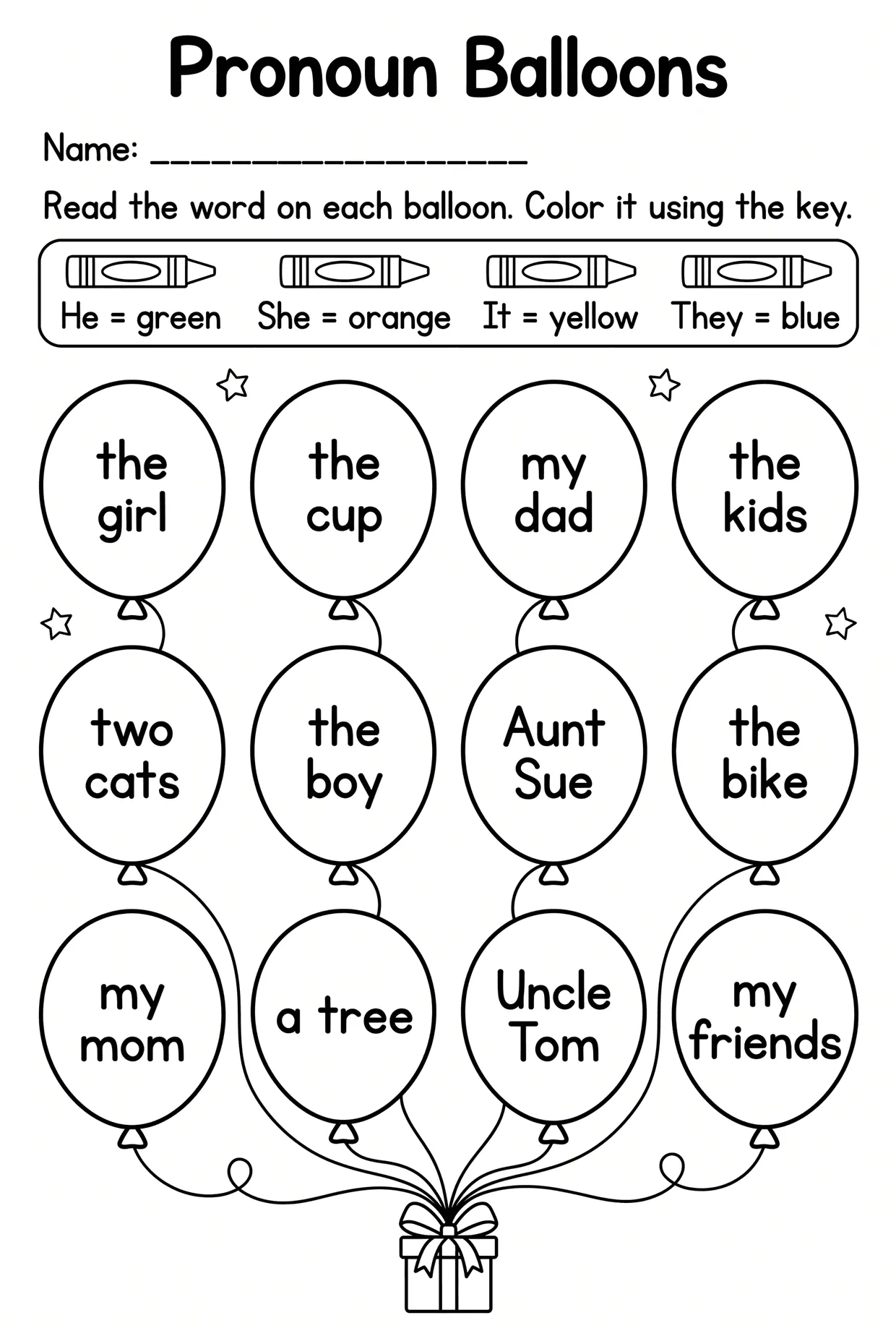 Balloons Color by Pronoun Worksheet for Grade 1, page 1 preview