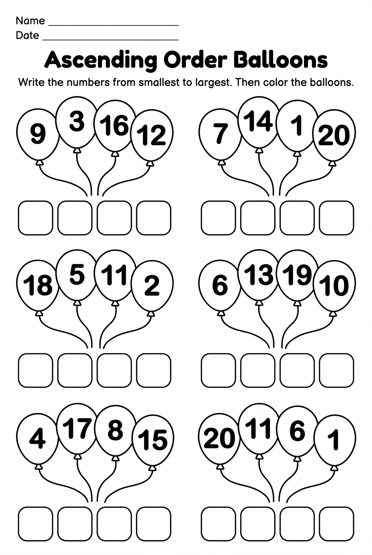 Balloon Ascending Order Worksheet for First Grade worksheet preview
