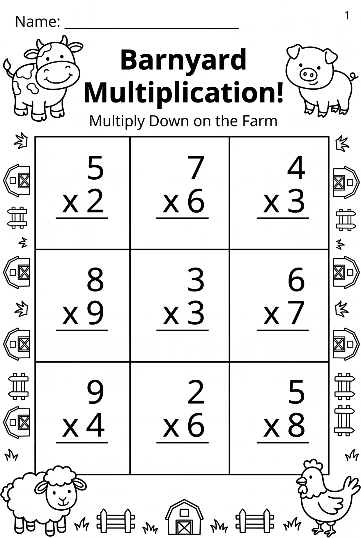 Barnyard Multiplication Worksheet: Times Tables to 9, page 1 preview