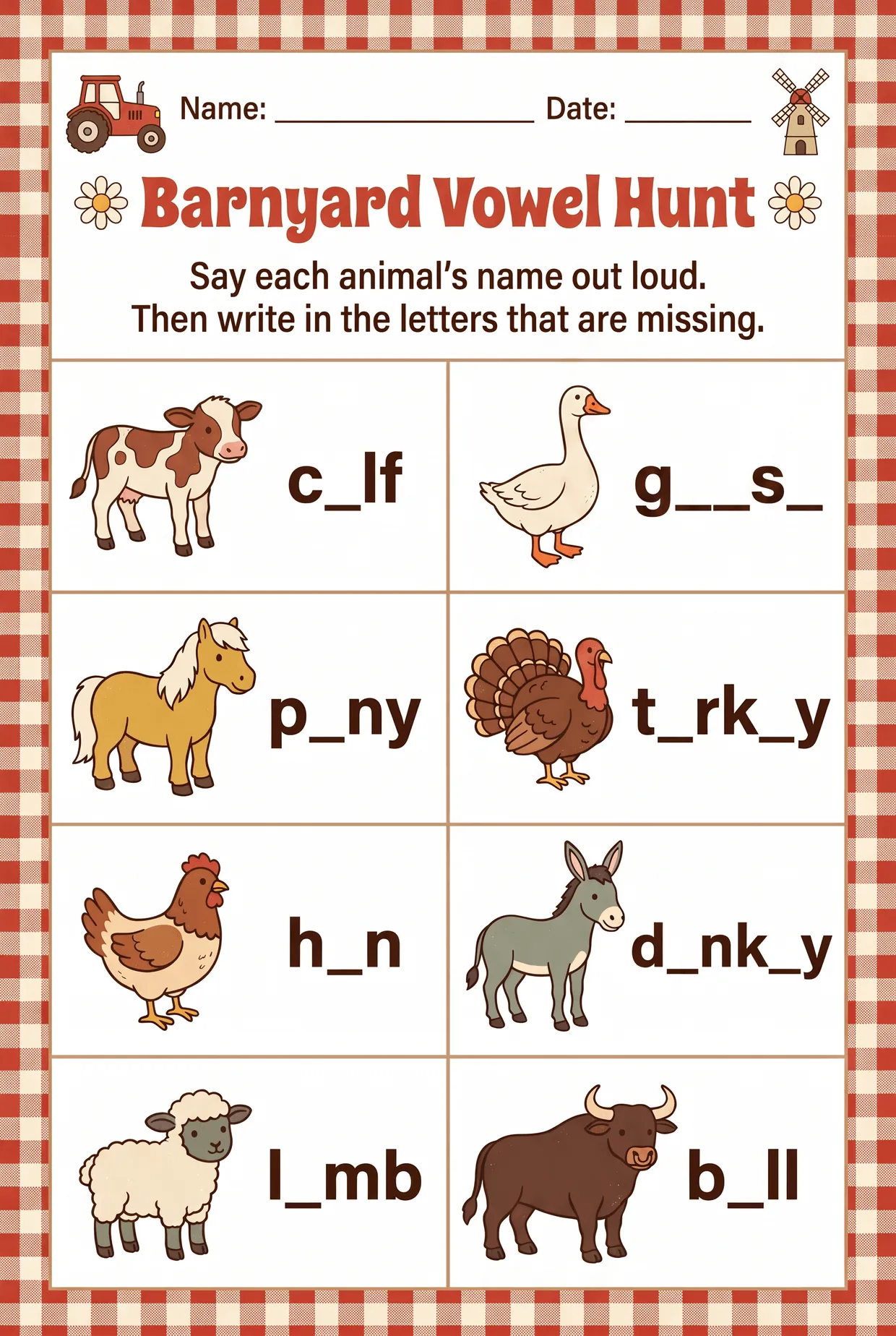 Farm Animals Missing Vowels Worksheet: Vowel Hunt, page 1 preview