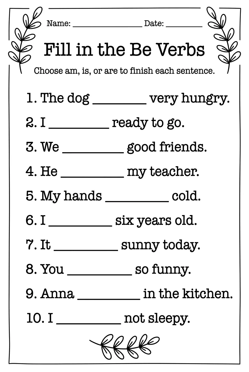 Be Verbs Worksheet: Fill In Am, Is, or Are, page 1 preview
