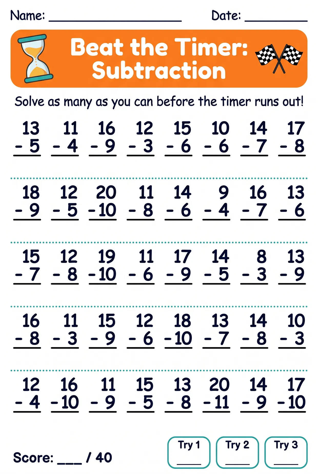 Timed Subtraction Within 20 Worksheet for 2nd Grade, page 1 preview