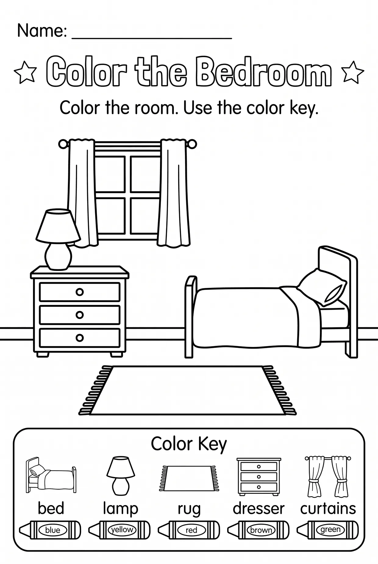 Bedroom Color by Code Worksheet: Rooms of the House, page 1 preview