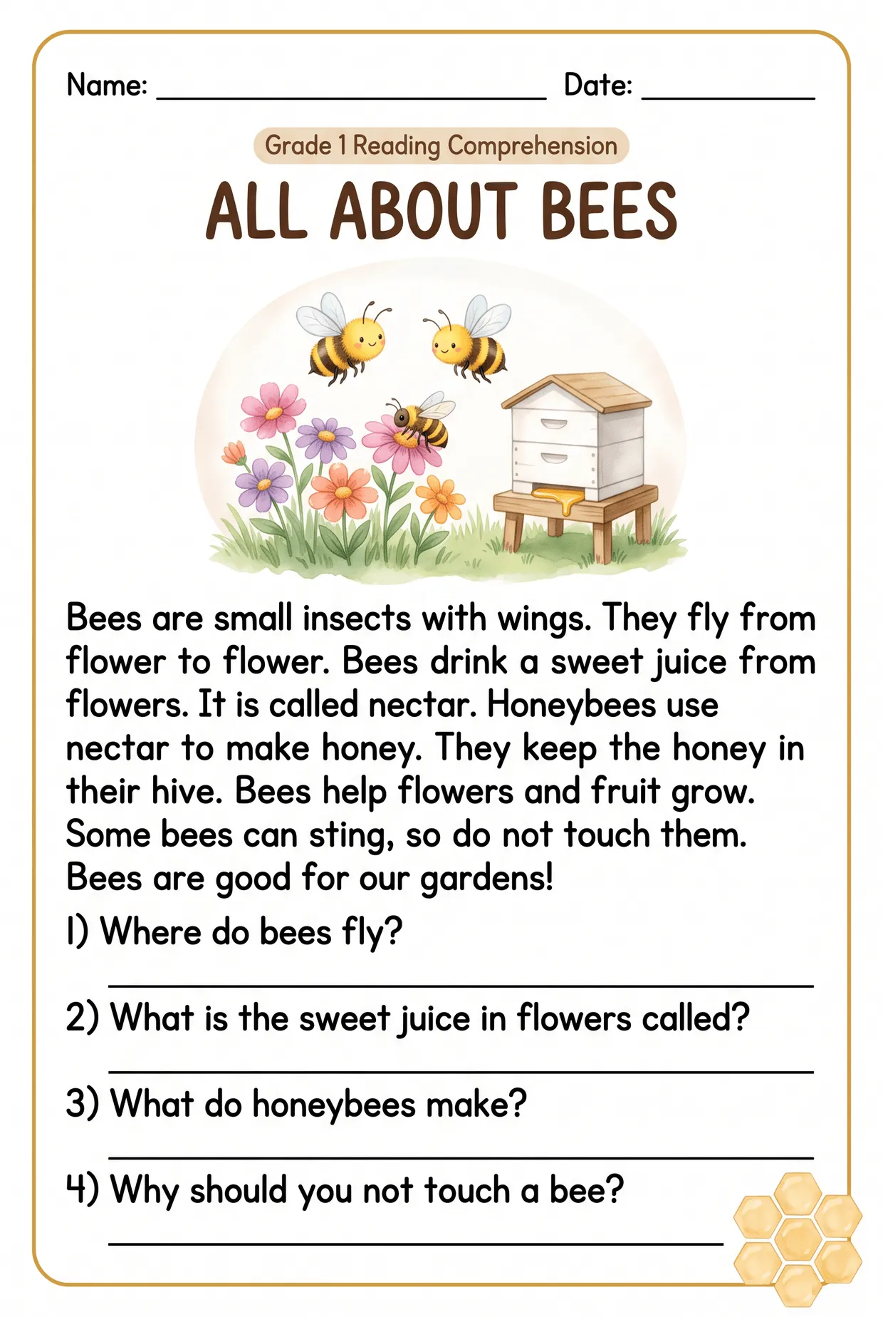 All About Bees 1st Grade Nonfiction Reading Worksheet, page 1 preview