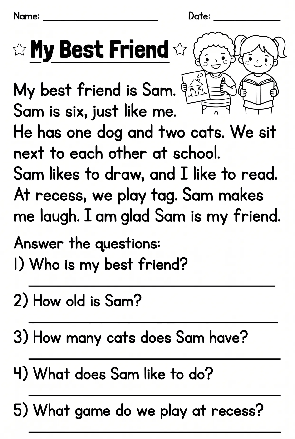 My Best Friend Reading Comprehension Worksheet Grade 1, page 1 preview