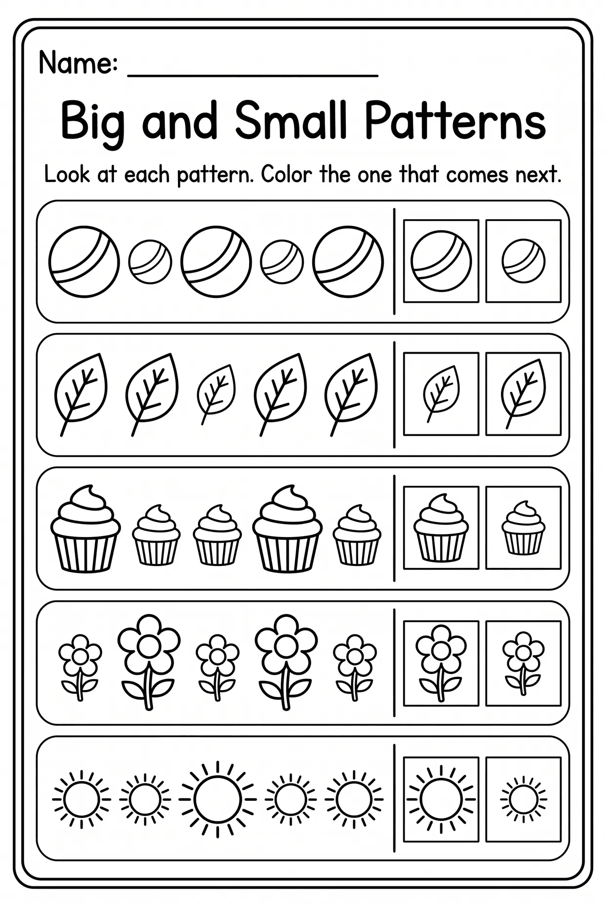 Big and Small Size Pattern Worksheet for Kindergarten, page 1 preview