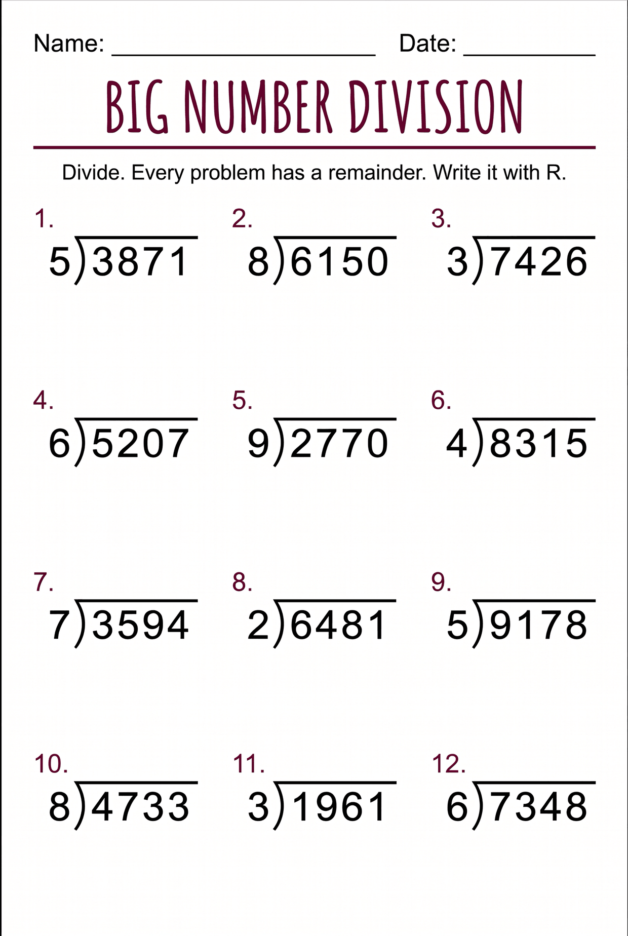 Room Number Lettering Big Number Division Worksheet for 4th Grade